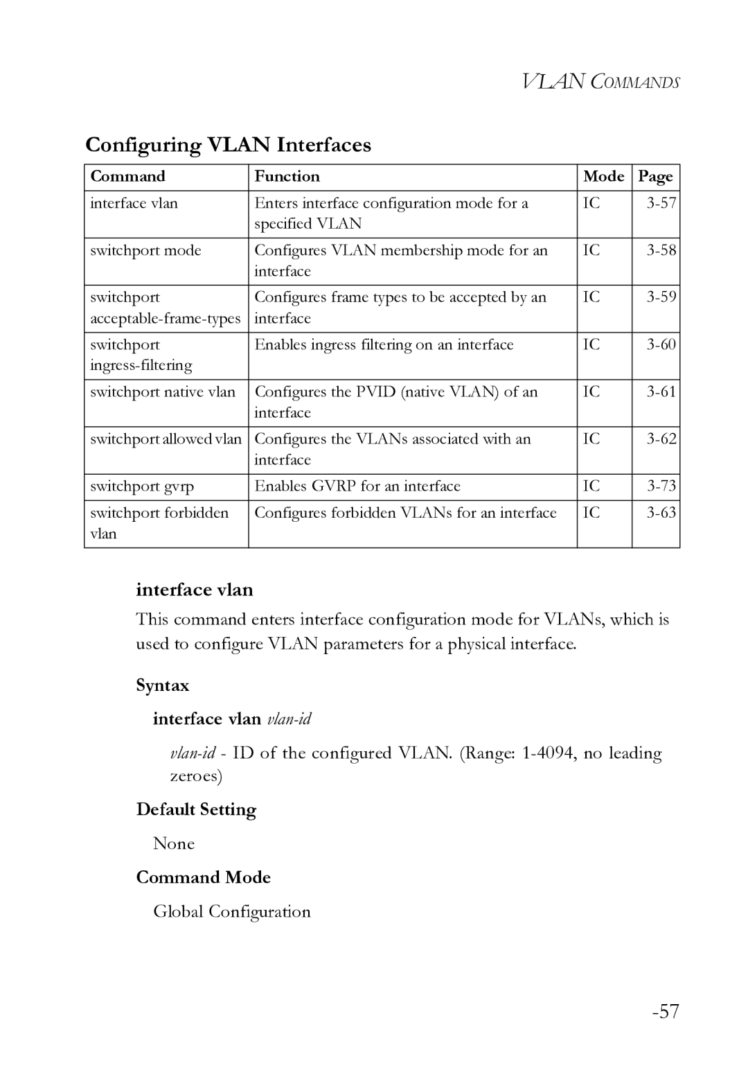 SMC Networks SMC8612XL3 F 1.0.1.3 manual Configuring Vlan Interfaces, Syntax Interface vlan vlan-id 