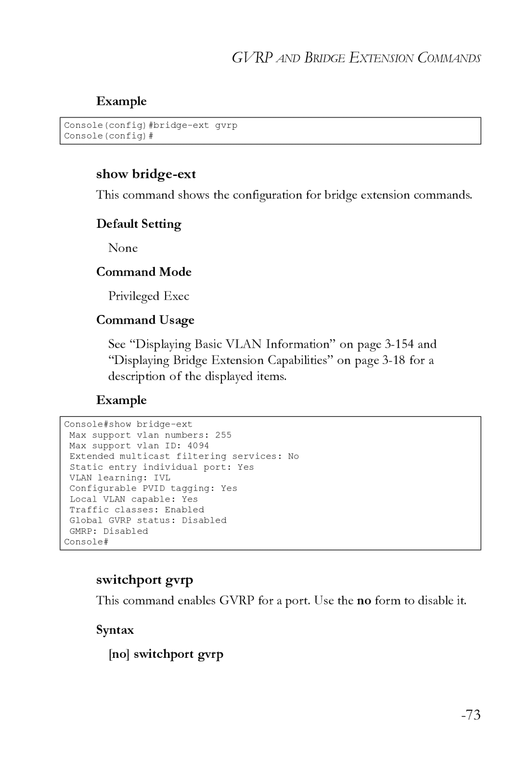 SMC Networks SMC8612XL3 F 1.0.1.3 manual Show bridge-ext, Switchport gvrp, Syntax No switchport gvrp 