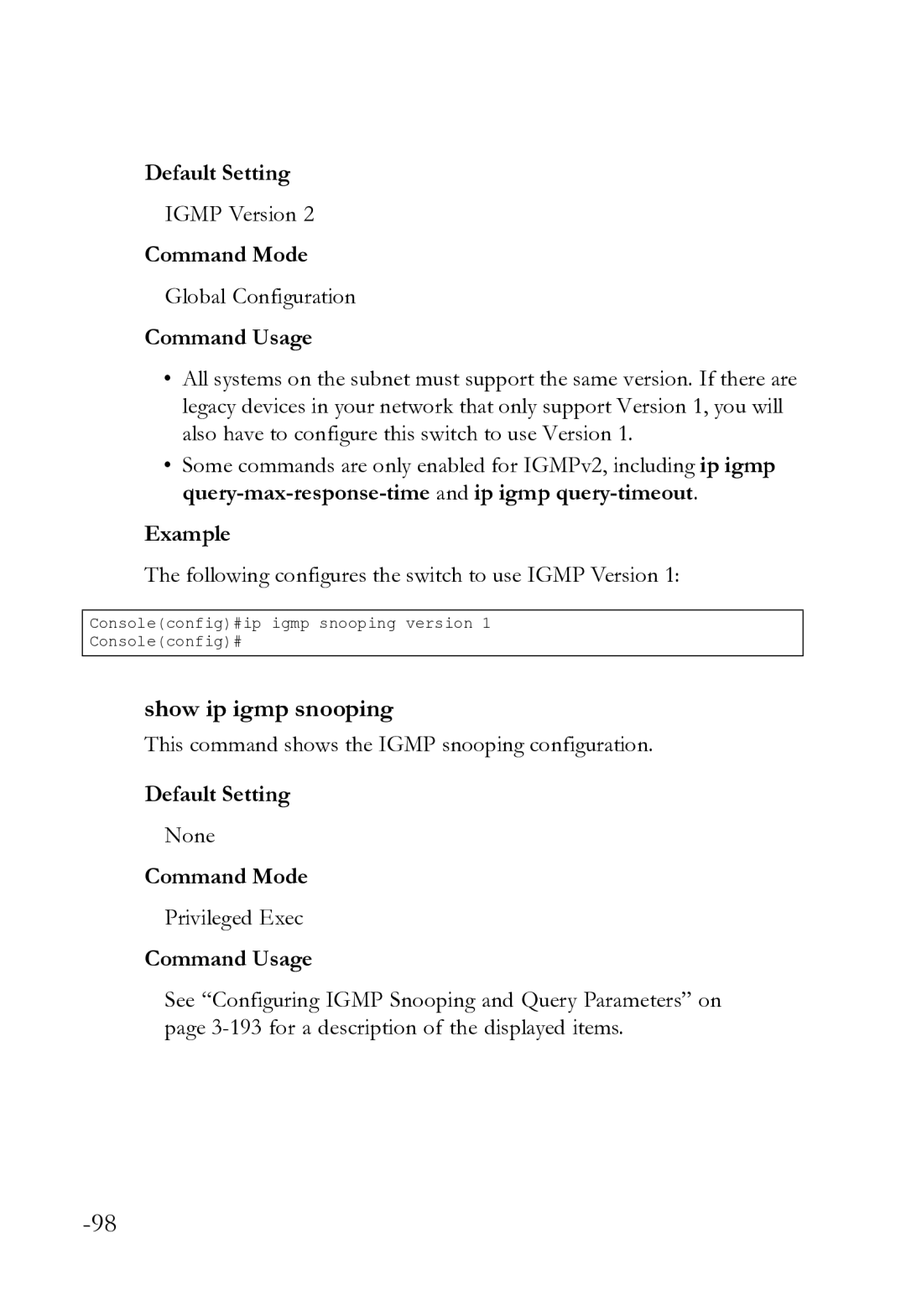 SMC Networks SMC8612XL3 F 1.0.1.3 manual Show ip igmp snooping, Following configures the switch to use Igmp Version 