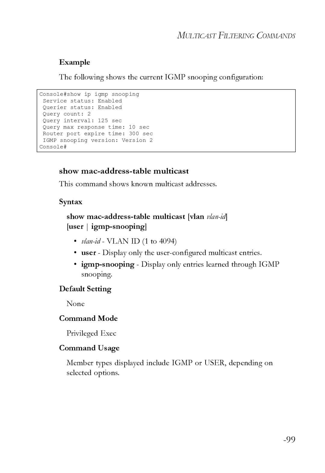 SMC Networks SMC8612XL3 F 1.0.1.3 manual Show mac-address-table multicast, This command shows known multicast addresses 