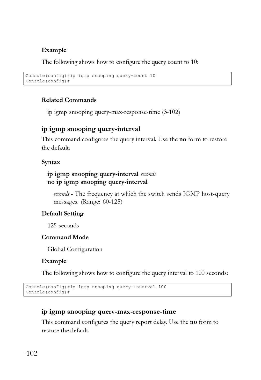 SMC Networks SMC8612XL3 F 1.0.1.3 manual Ip igmp snooping query-interval, Ip igmp snooping query-max-response-time 