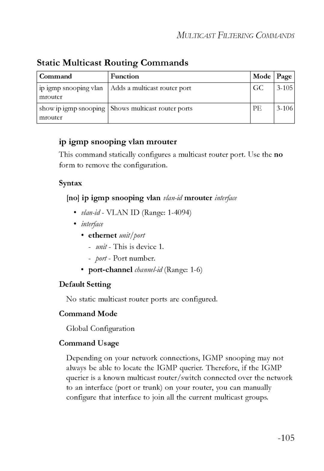 SMC Networks SMC8612XL3 F 1.0.1.3 manual Static Multicast Routing Commands, Ip igmp snooping vlan mrouter 