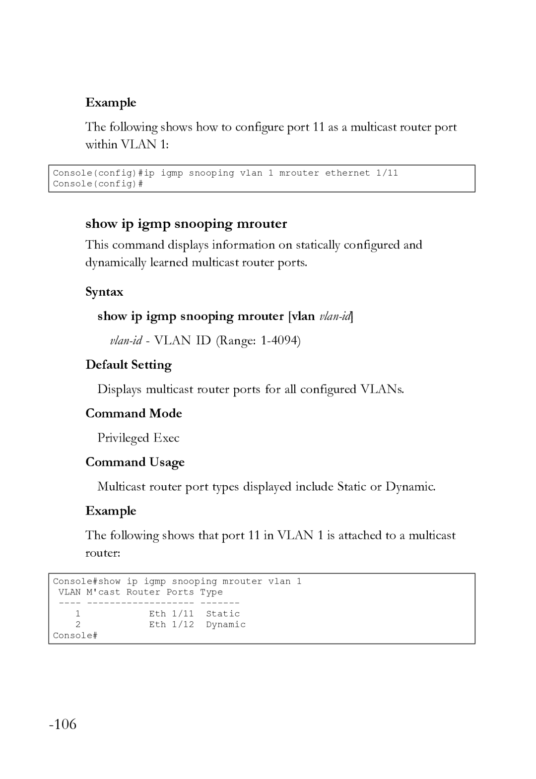 SMC Networks SMC8612XL3 F 1.0.1.3 manual Syntax Show ip igmp snooping mrouter vlan vlan-id 