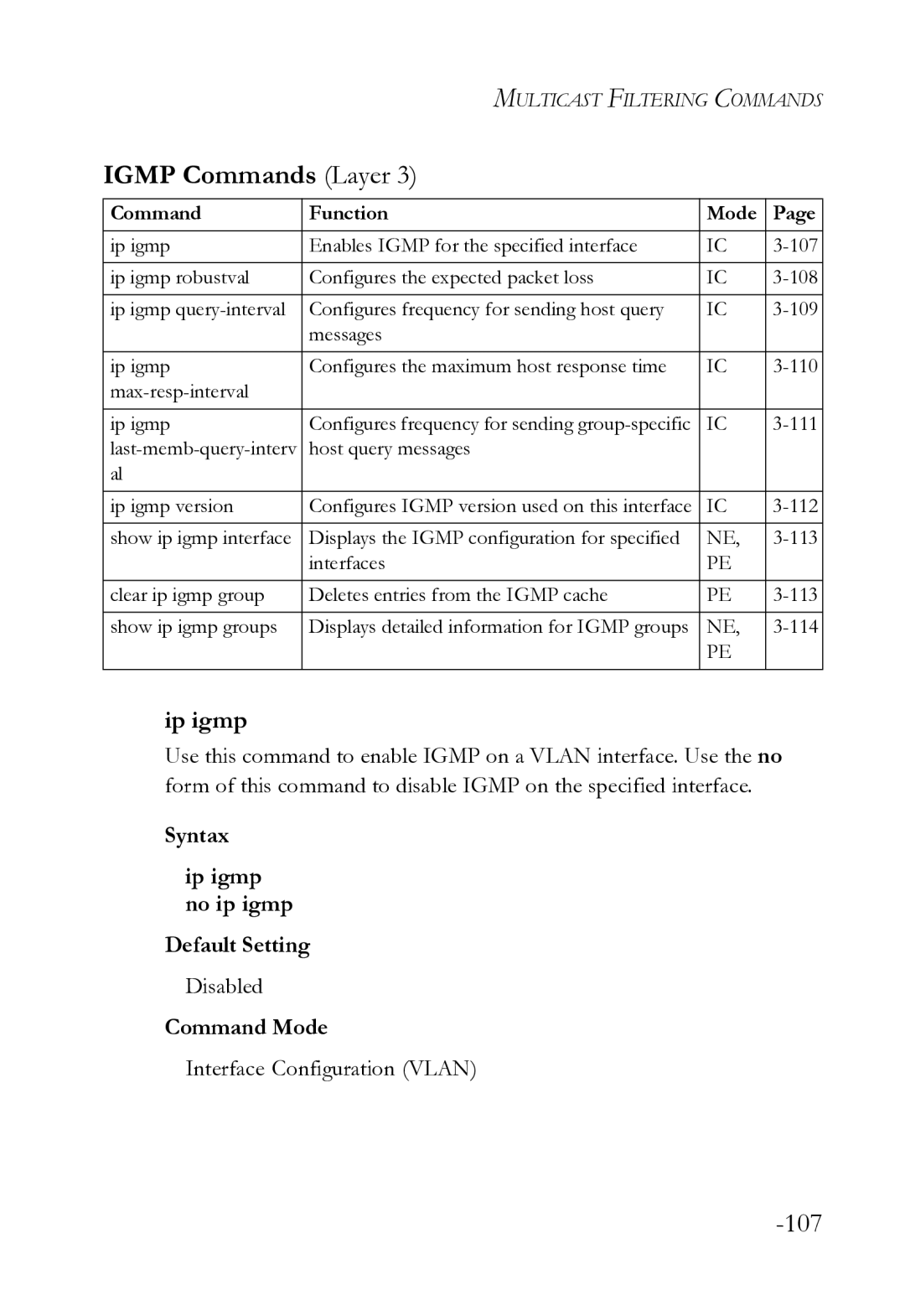 SMC Networks SMC8612XL3 F 1.0.1.3 manual Igmp Commands Layer, Syntax Ip igmp no ip igmp Default Setting 