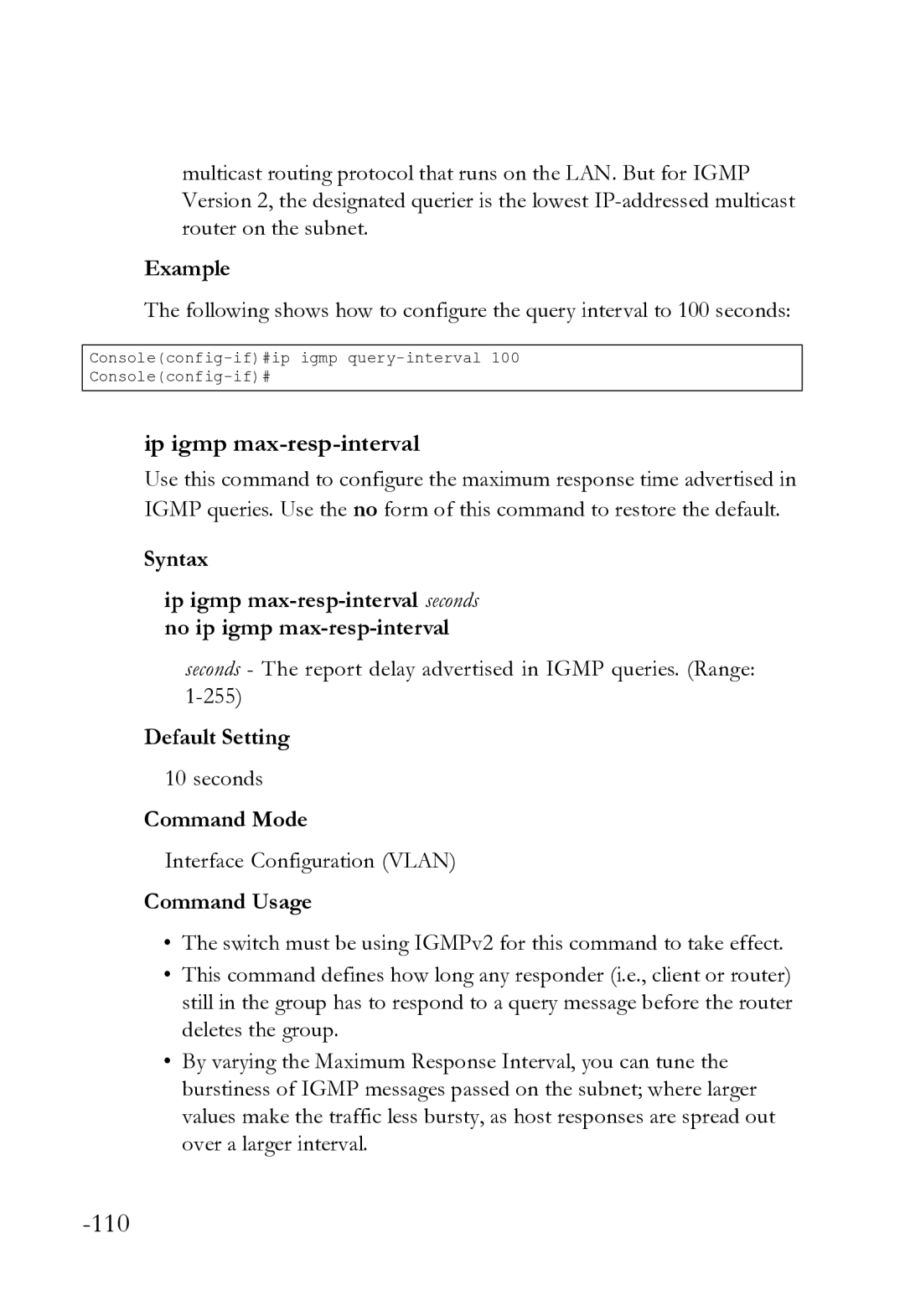 SMC Networks SMC8612XL3 F 1.0.1.3 Ip igmp max-resp-interval, Seconds The report delay advertised in Igmp queries. Range 