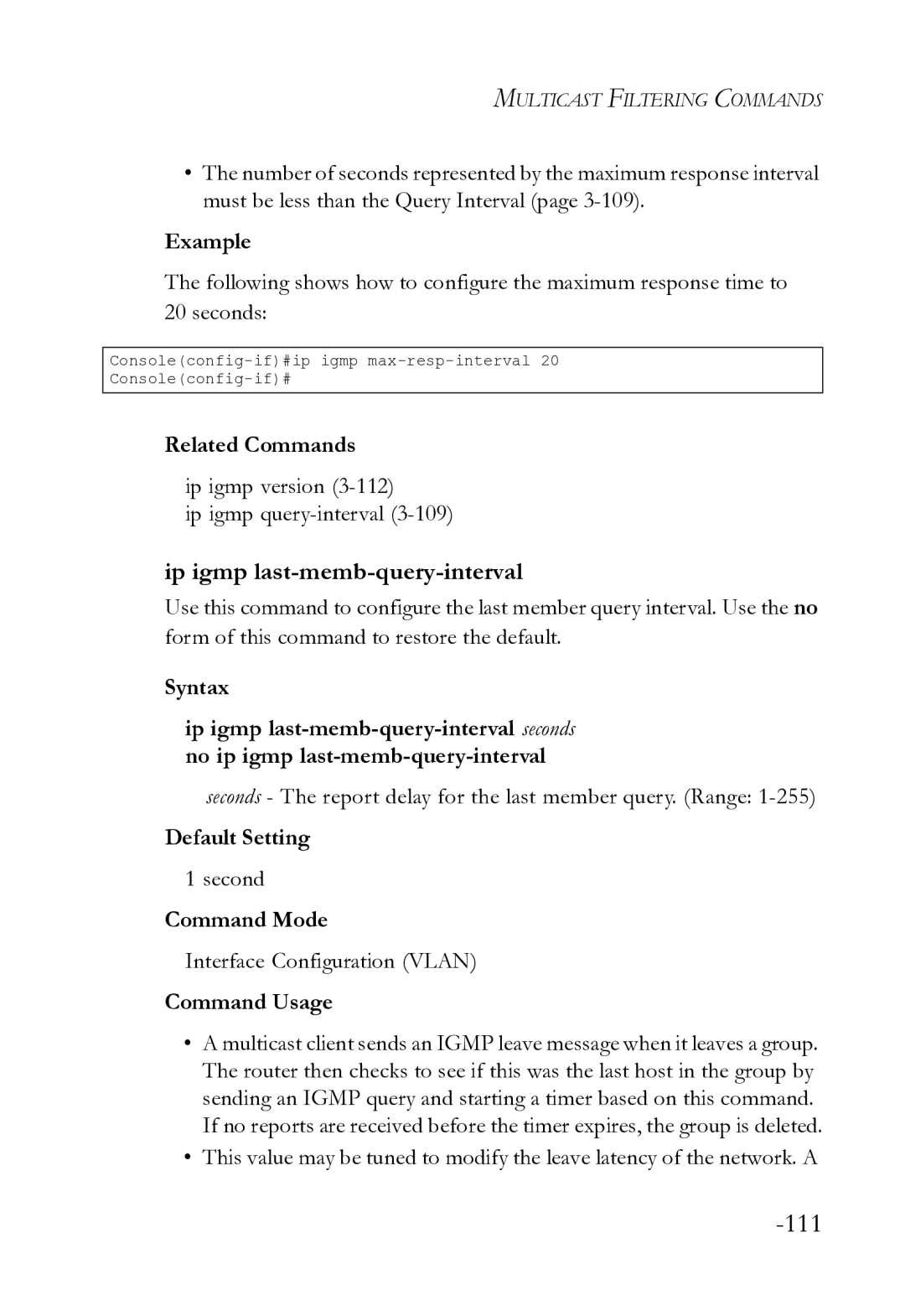 SMC Networks SMC8612XL3 F 1.0.1.3 Ip igmp last-memb-query-interval, Ip igmp version Ip igmp query-interval3-109, Second 