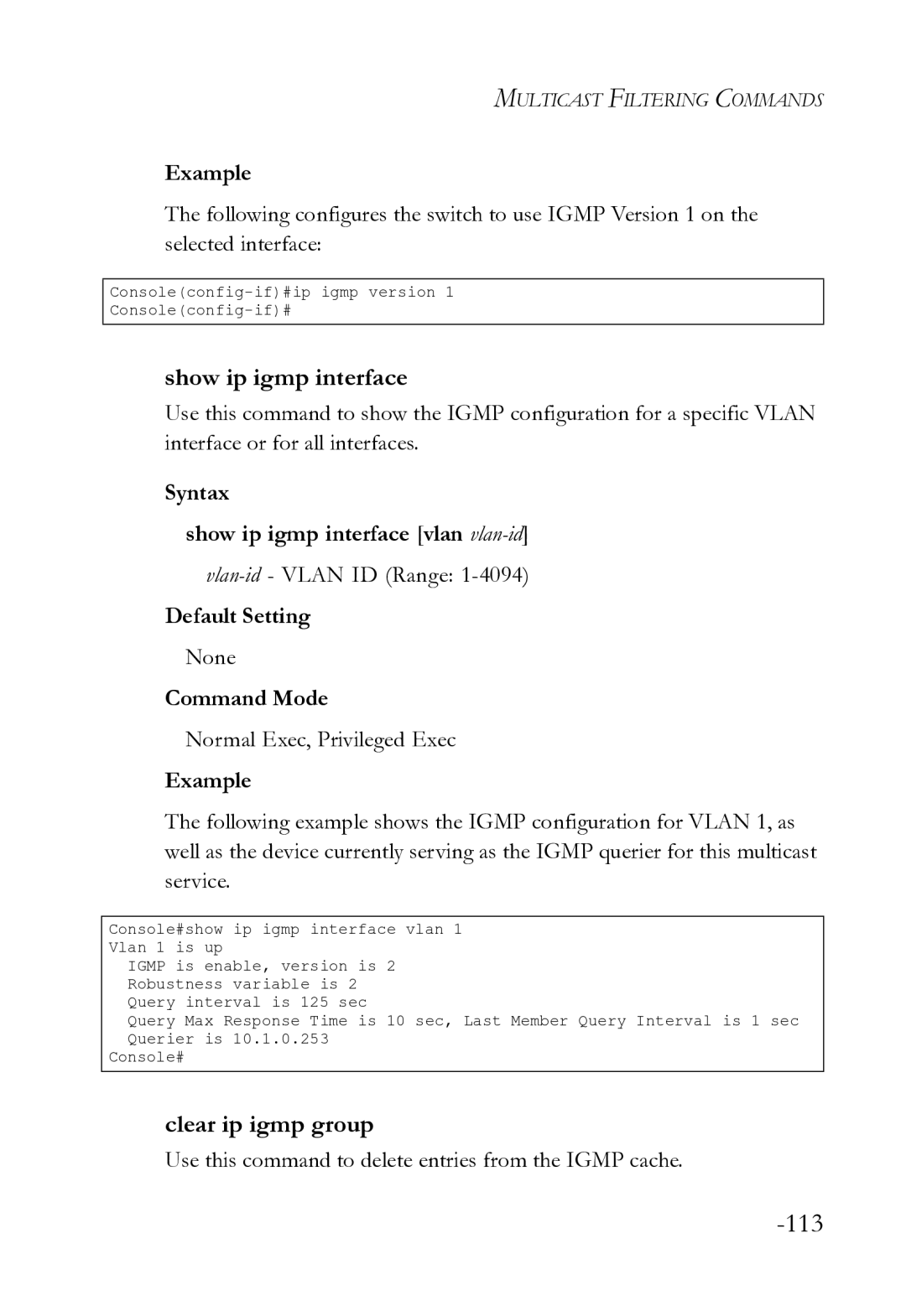 SMC Networks SMC8612XL3 F 1.0.1.3 manual Clear ip igmp group, Syntax Show ip igmp interface vlan vlan-id 