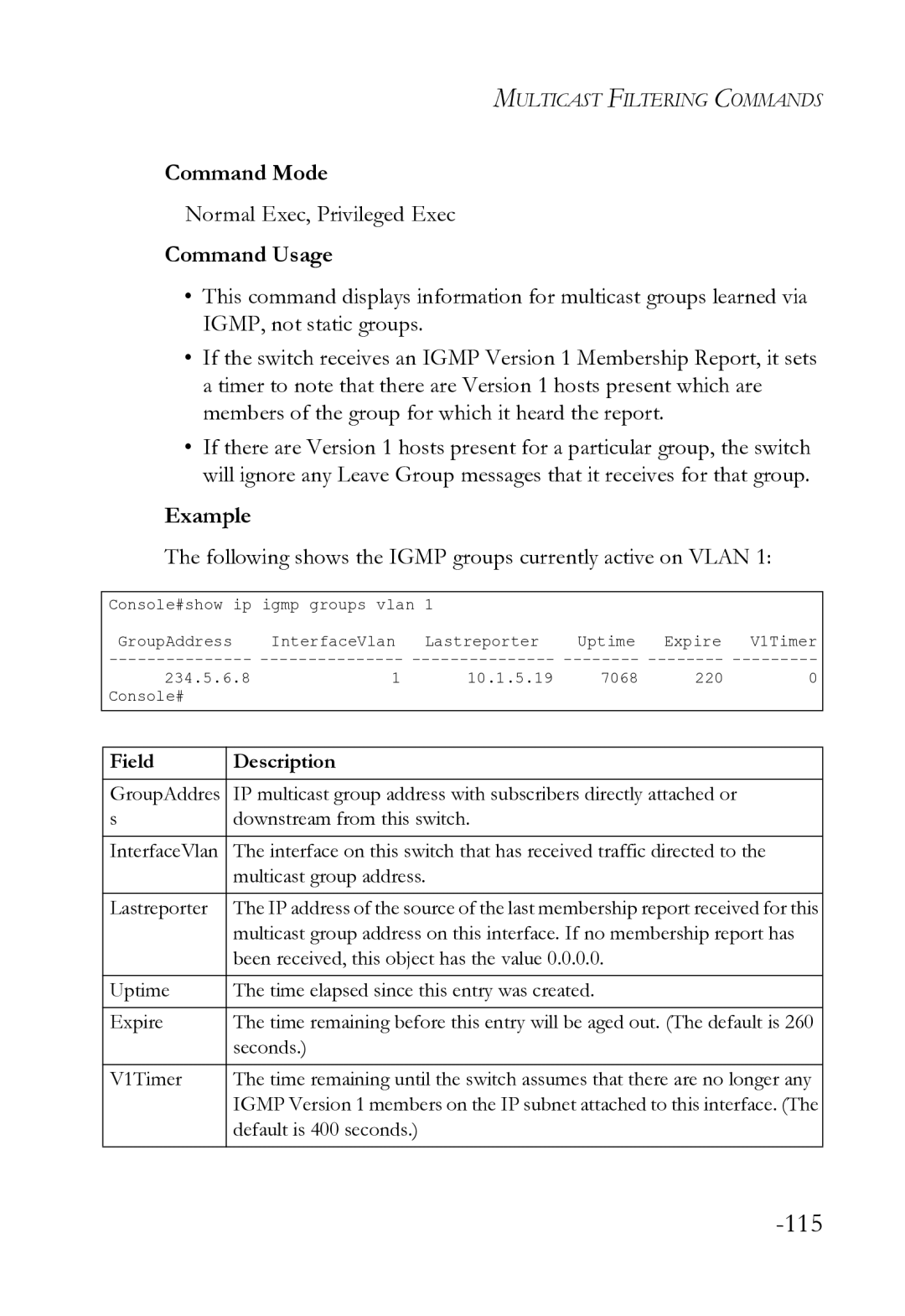 SMC Networks SMC8612XL3 F 1.0.1.3 manual 115, Following shows the Igmp groups currently active on Vlan 