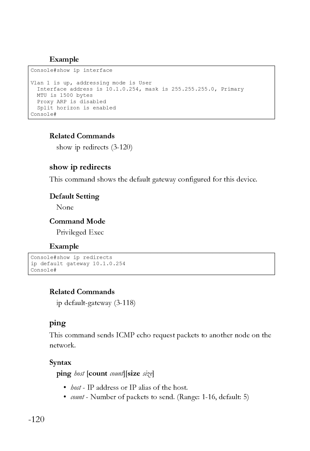 SMC Networks SMC8612XL3 F 1.0.1.3 Show ip redirects, Ip default-gateway3-118, Syntax Ping host count countsize size 