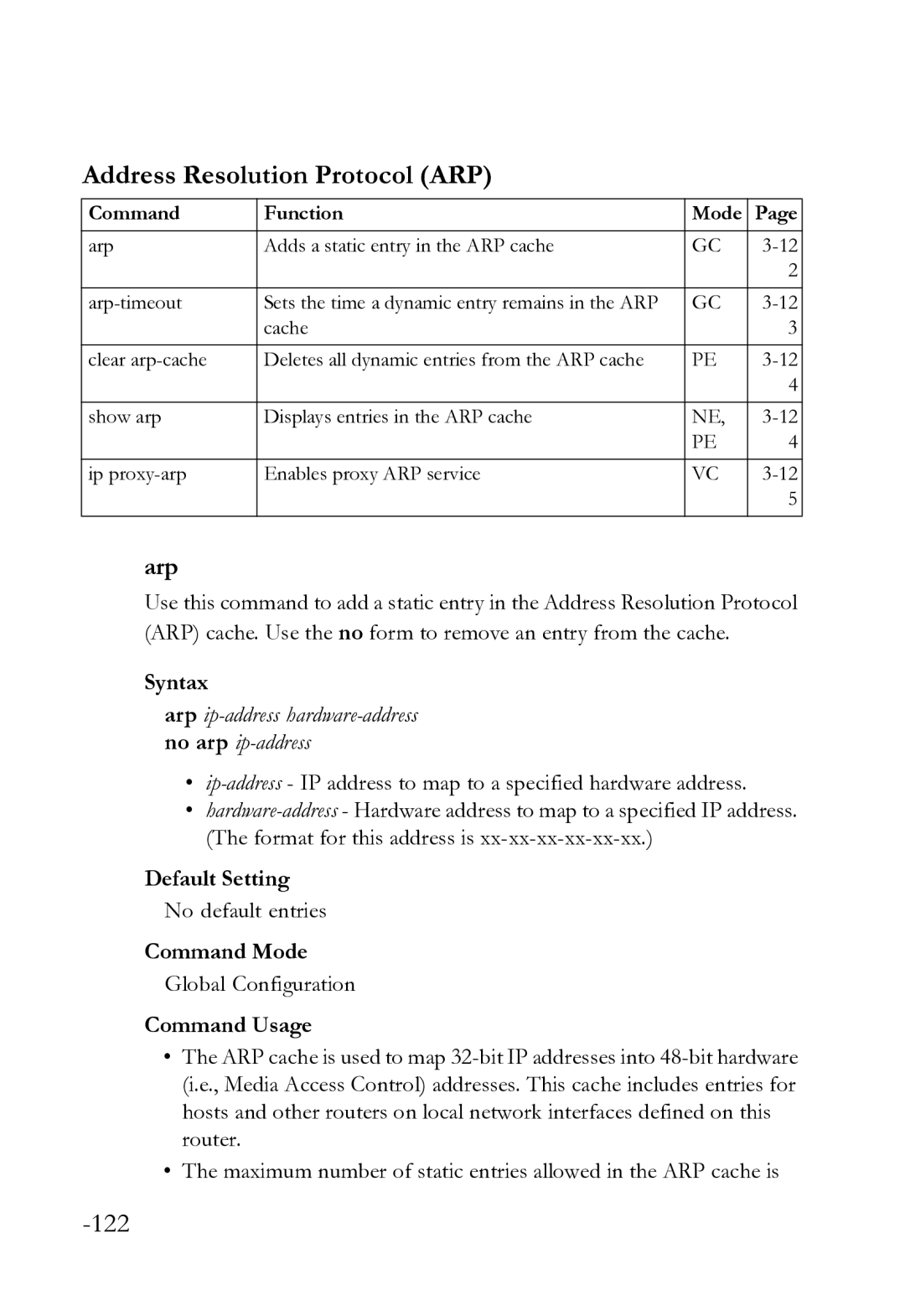 SMC Networks SMC8612XL3 F 1.0.1.3 Address Resolution Protocol ARP, Arp ip-address hardware-address no arp ip-address 