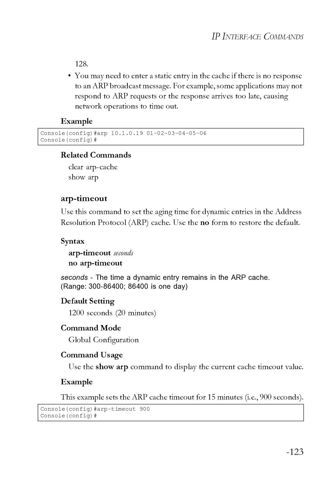 SMC Networks SMC8612XL3 F 1.0.1.3 manual Clear arp-cache show arp, Syntax Arp-timeout seconds no arp-timeout 