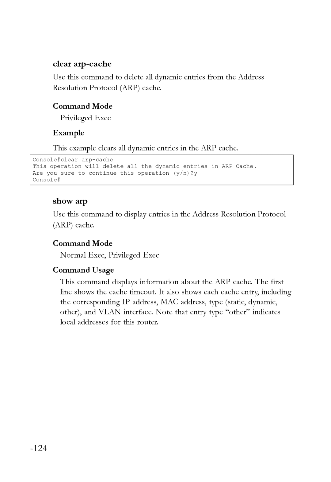 SMC Networks SMC8612XL3 F 1.0.1.3 Clear arp-cache, Show arp, This example clears all dynamic entries in the ARP cache 