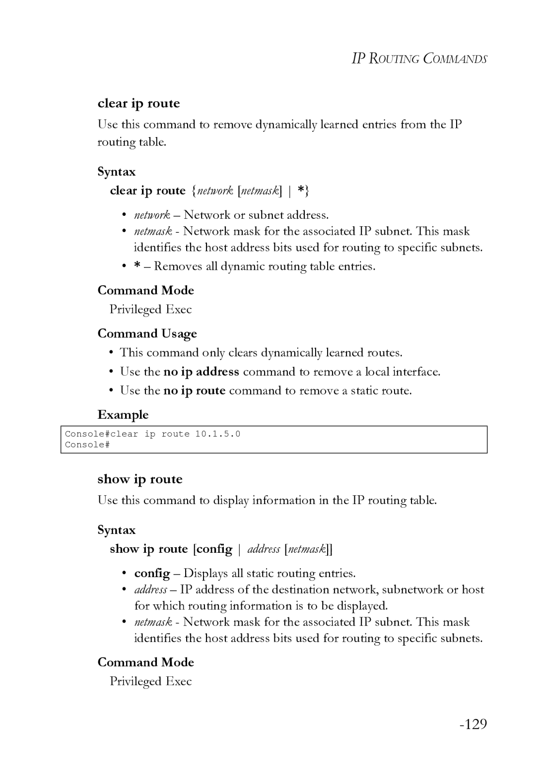 SMC Networks SMC8612XL3 F 1.0.1.3 manual Show ip route, Syntax Clear ip route network netmask 