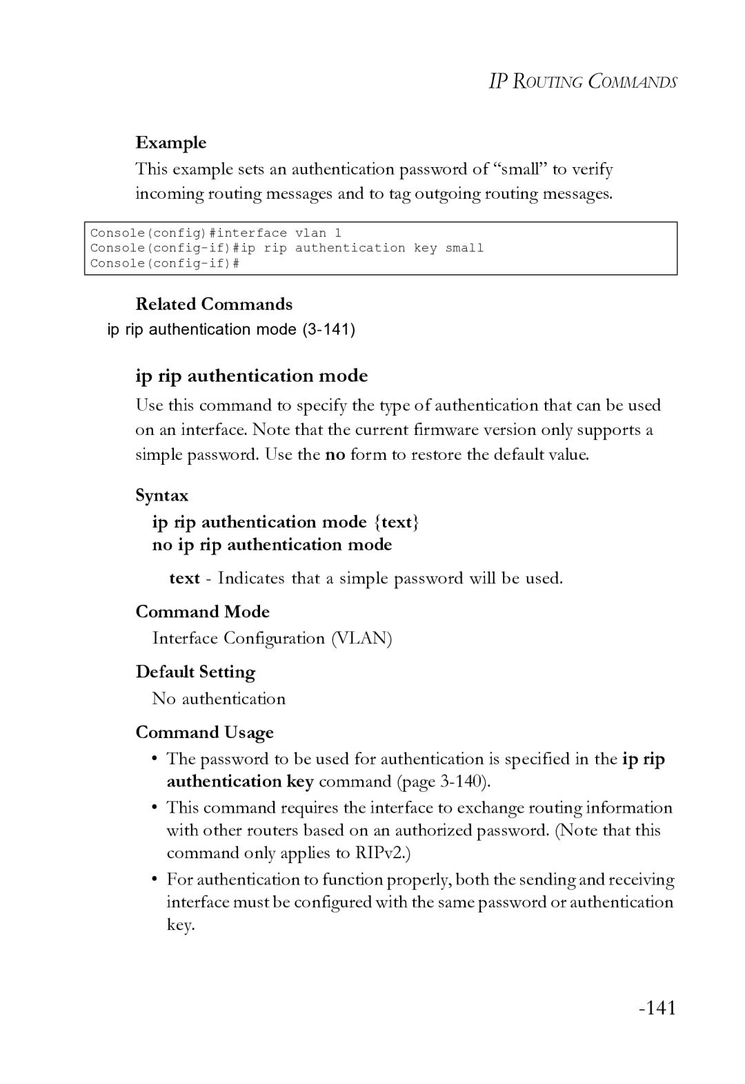 SMC Networks SMC8612XL3 F 1.0.1.3 manual Ip rip authentication mode, Text Indicates that a simple password will be used 