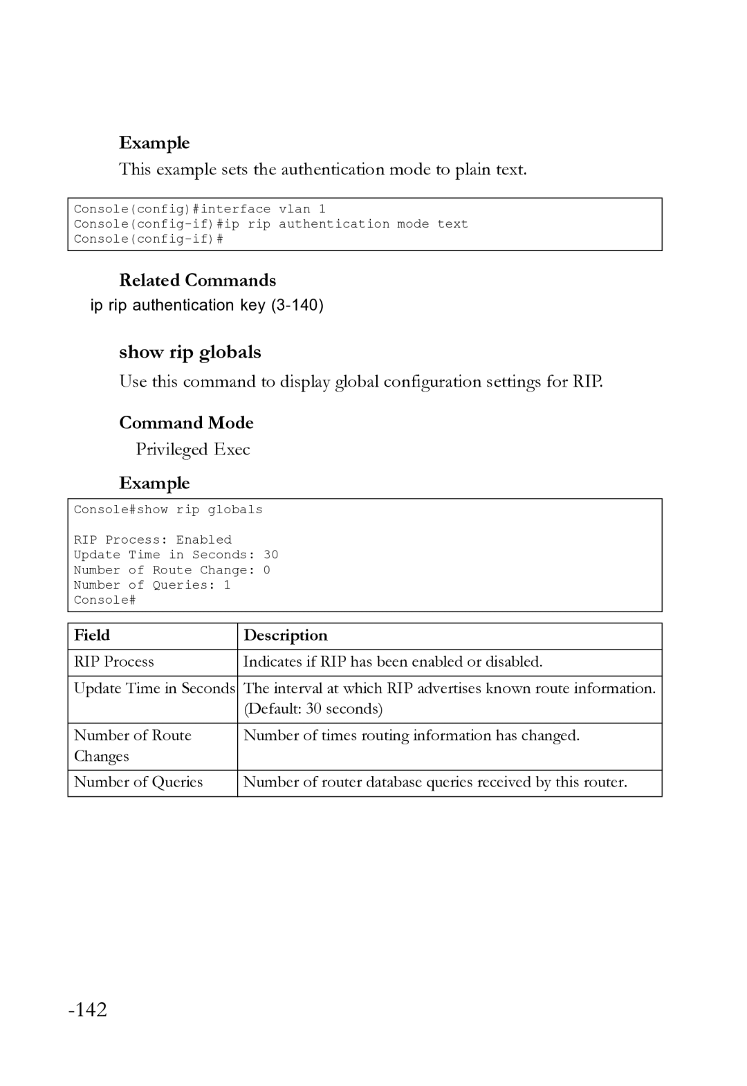 SMC Networks SMC8612XL3 F 1.0.1.3 manual Show rip globals, This example sets the authentication mode to plain text 