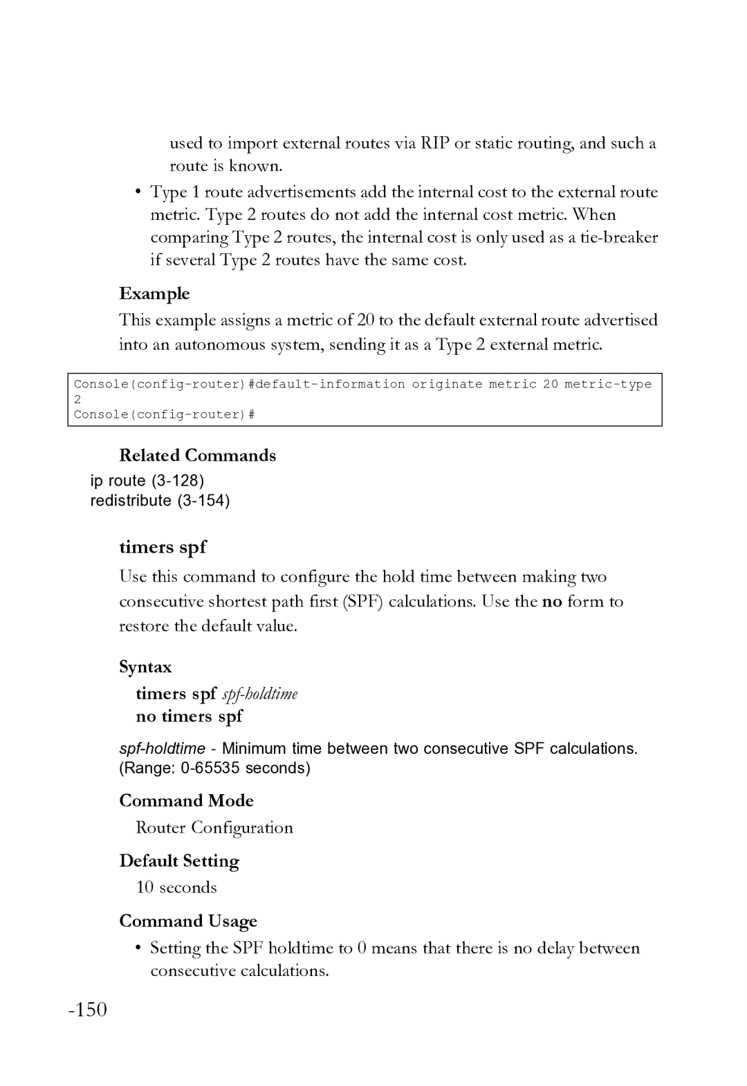 SMC Networks SMC8612XL3 F 1.0.1.3 manual Timers spf spf-holdtime no timers spf 