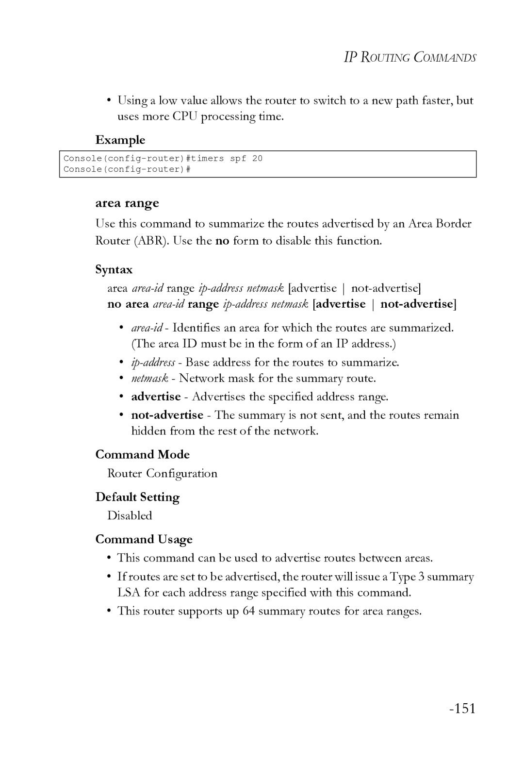 SMC Networks SMC8612XL3 F 1.0.1.3 manual Area range, Area area-idrange ip-address netmask advertise not-advertise 