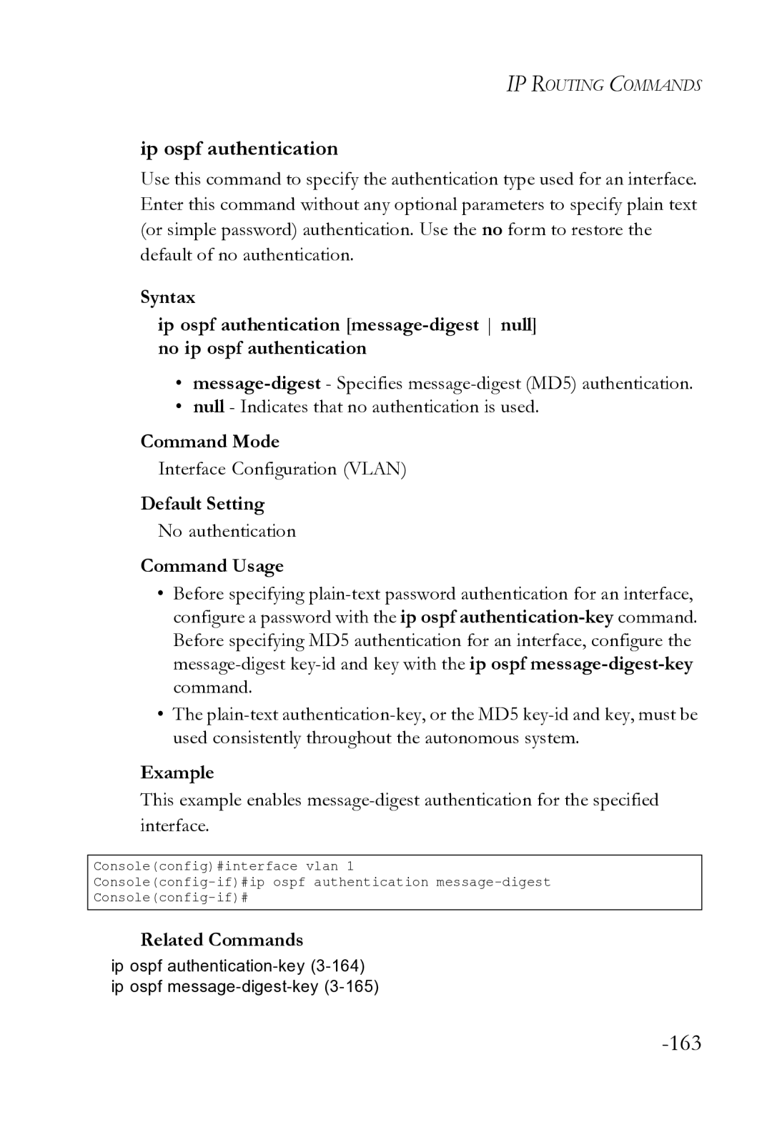 SMC Networks SMC8612XL3 F 1.0.1.3 manual Ip ospf authentication, Interface Configuration Vlan 