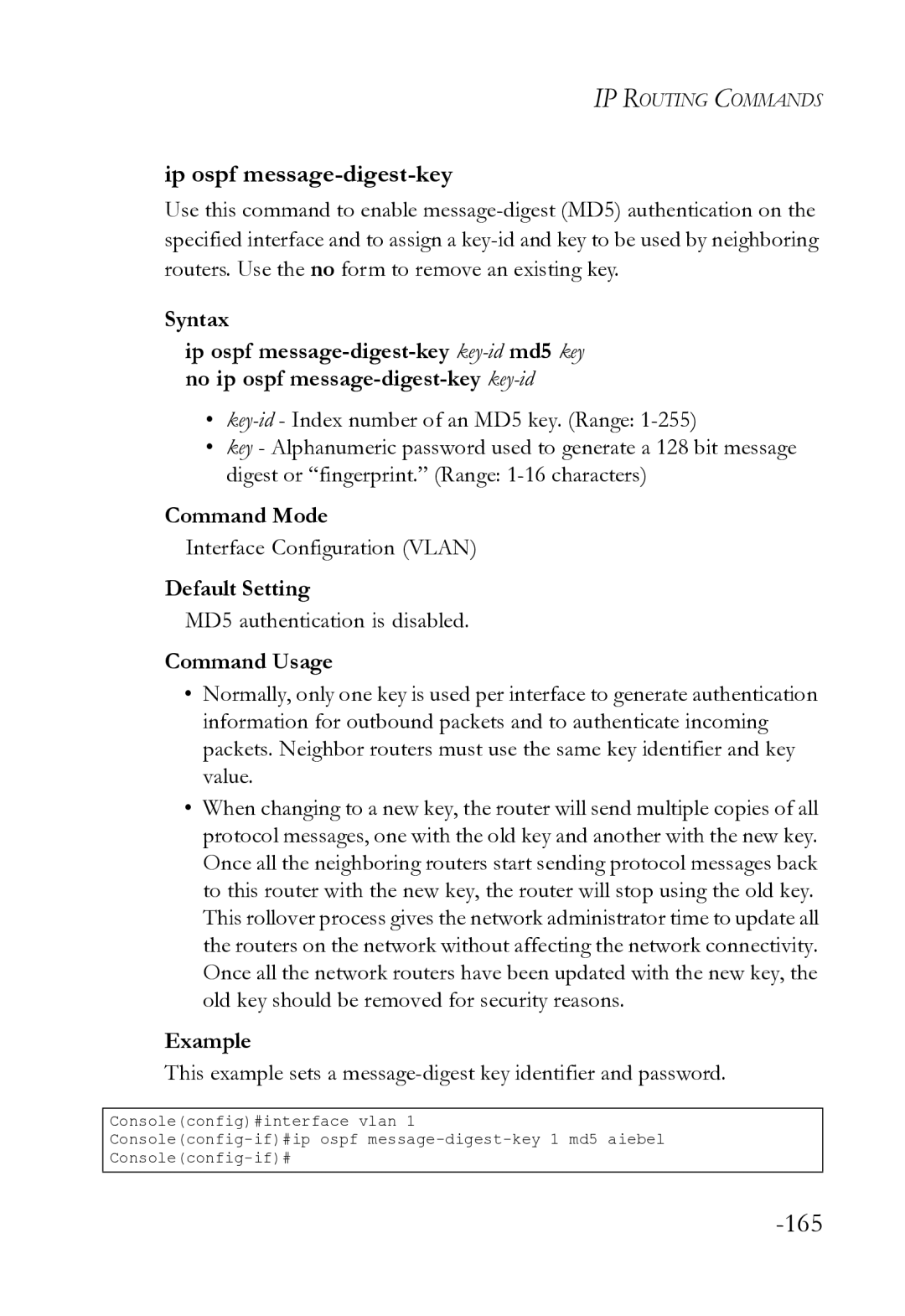 SMC Networks SMC8612XL3 F 1.0.1.3 manual Ip ospf message-digest-key, MD5 authentication is disabled 