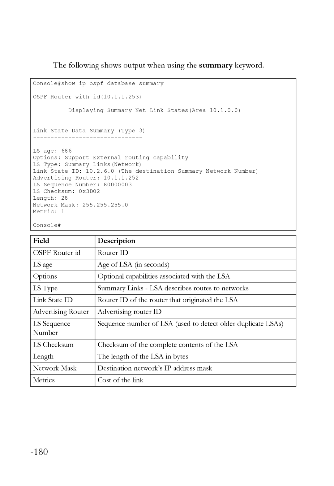 SMC Networks SMC8612XL3 F 1.0.1.3 manual 180, Following shows output when using the summary keyword 