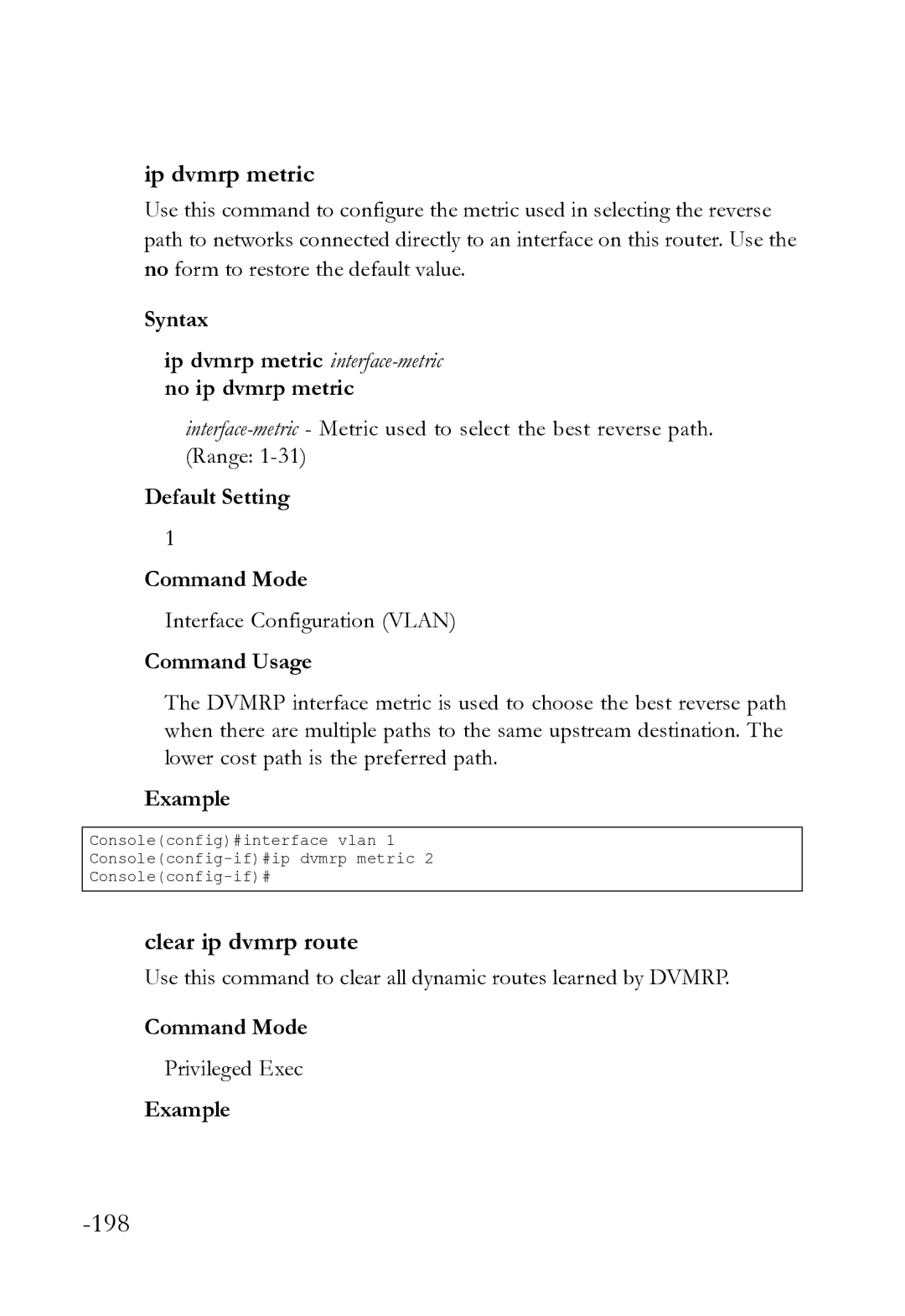 SMC Networks SMC8612XL3 F 1.0.1.3 manual Ip dvmrp metric, Clear ip dvmrp route 