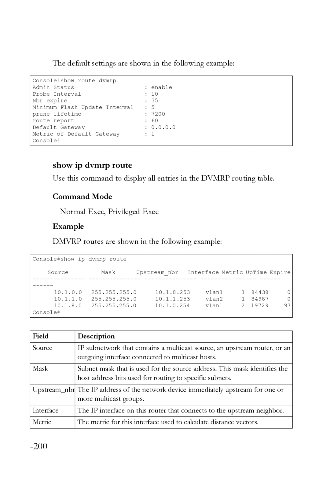 SMC Networks SMC8612XL3 F 1.0.1.3 manual Show ip dvmrp route, Default settings are shown in the following example 