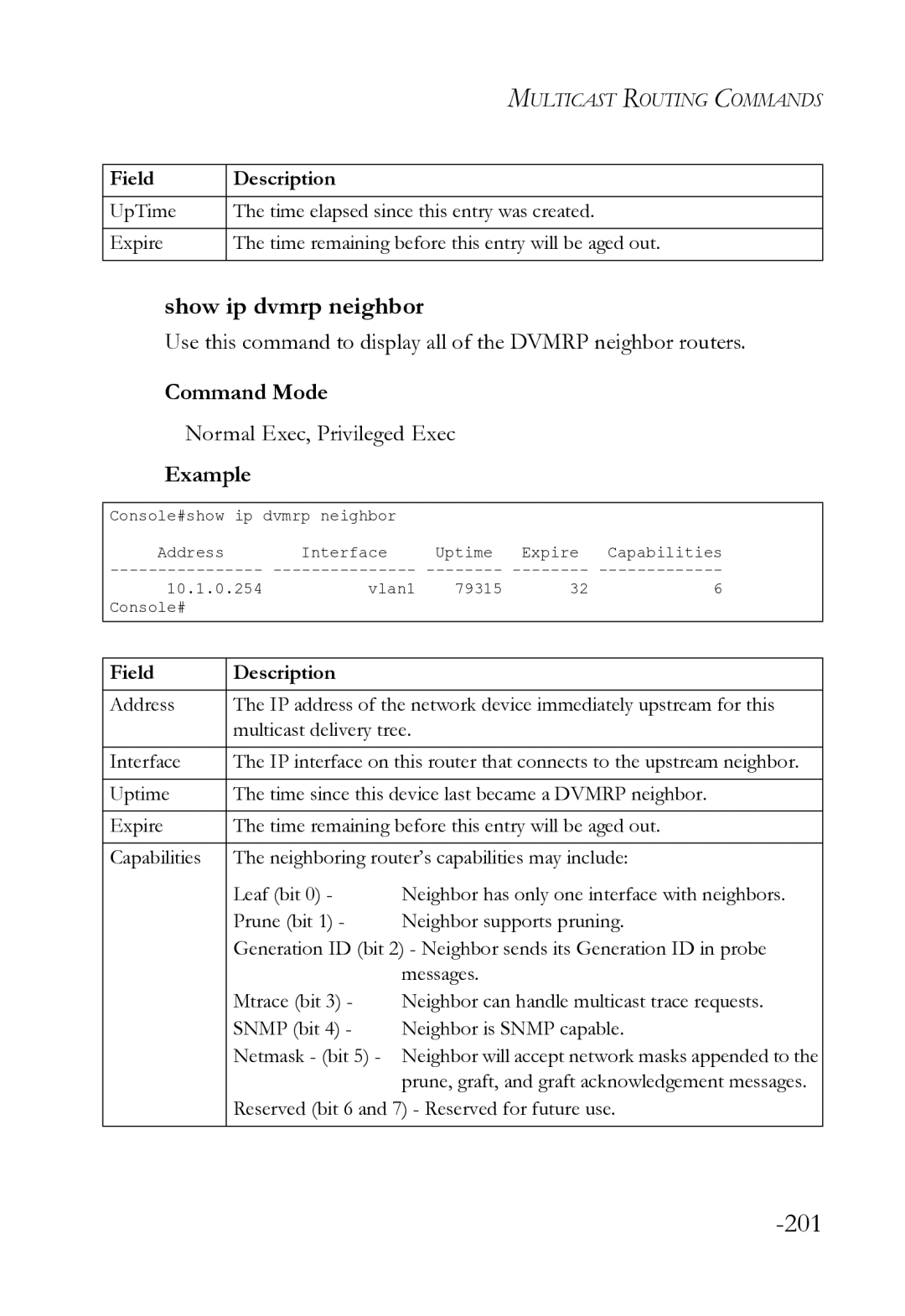 SMC Networks SMC8612XL3 F 1.0.1.3 manual 201, Show ip dvmrp neighbor 