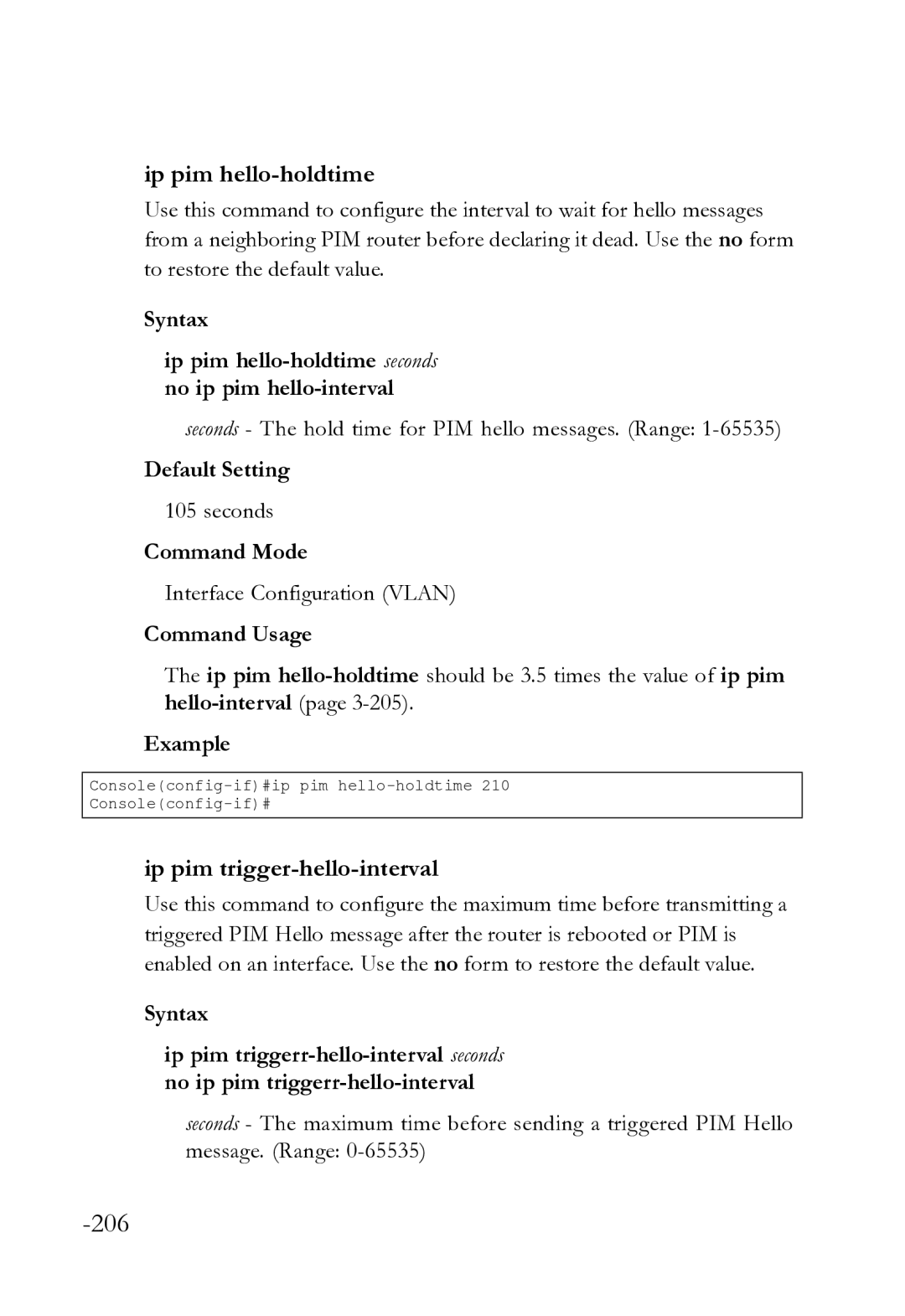 SMC Networks SMC8612XL3 F 1.0.1.3 manual Ip pim hello-holdtime, Ip pim trigger-hello-interval 