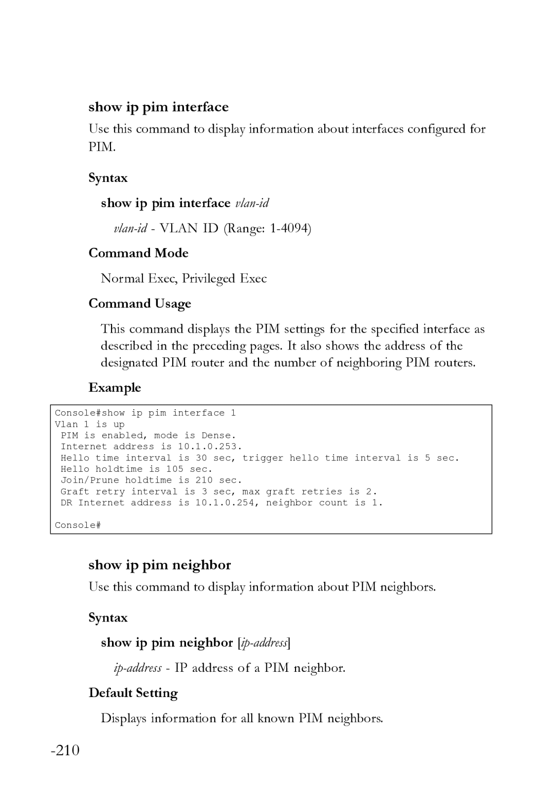 SMC Networks SMC8612XL3 F 1.0.1.3 manual Show ip pim neighbor, Syntax Show ip pim interface vlan-id 