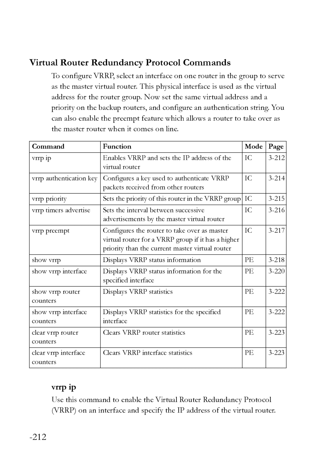 SMC Networks SMC8612XL3 F 1.0.1.3 manual Virtual Router Redundancy Protocol Commands, Vrrp ip 