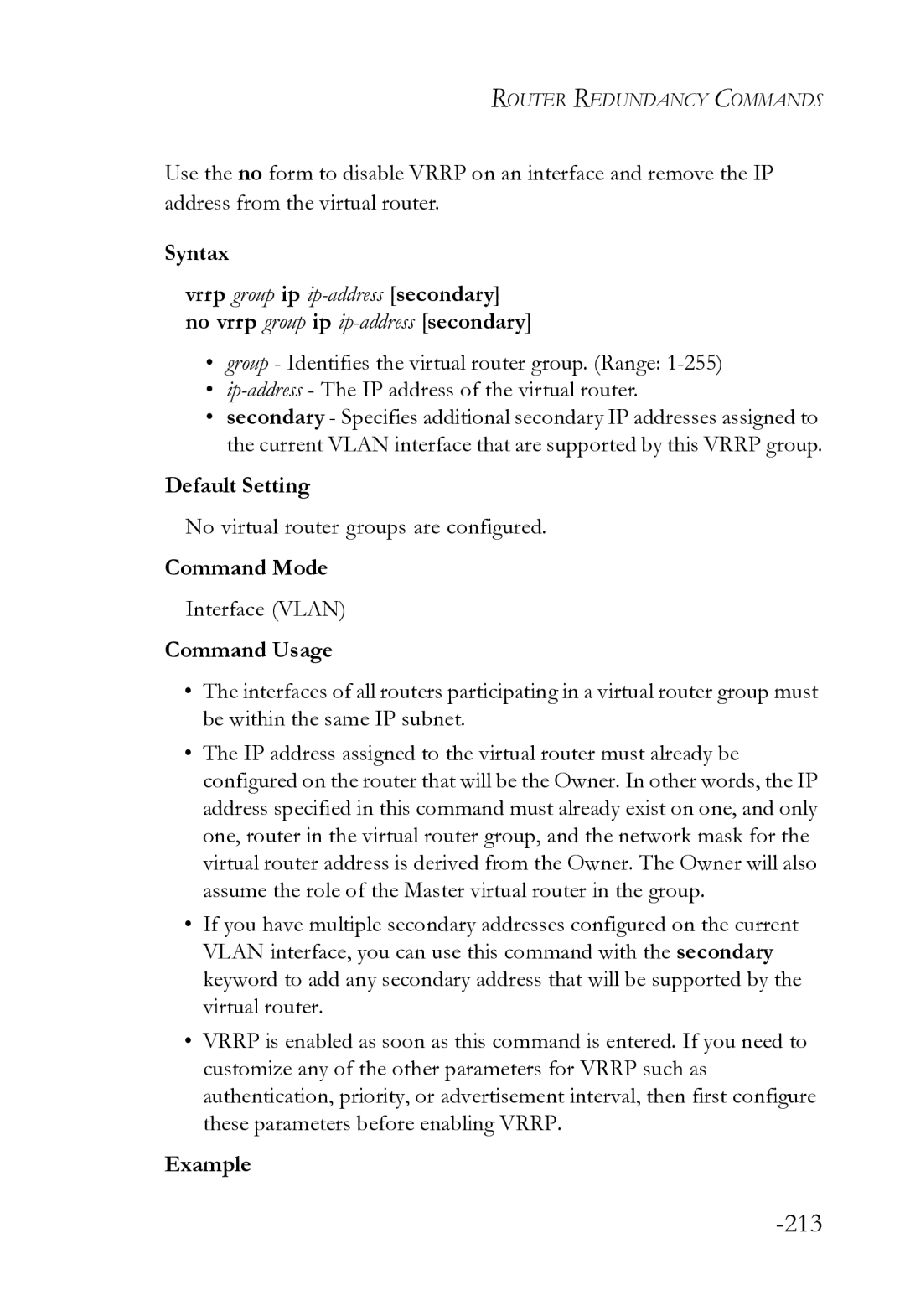 SMC Networks SMC8612XL3 F 1.0.1.3 manual Default Setting, No virtual router groups are configured 