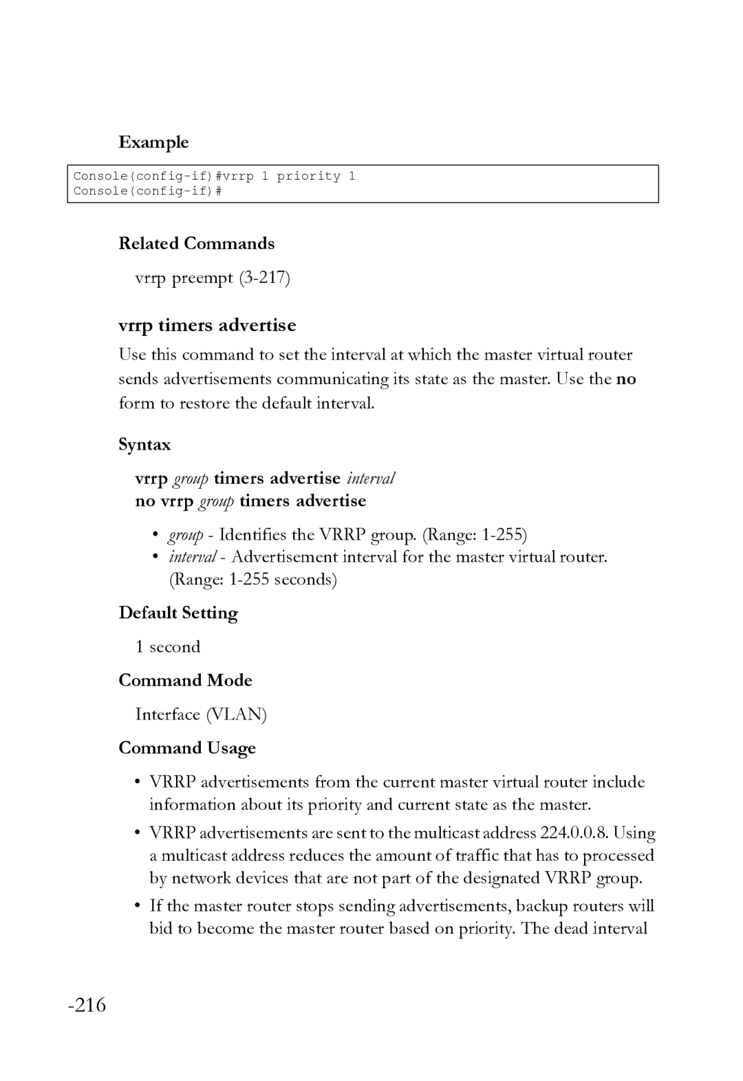 SMC Networks SMC8612XL3 F 1.0.1.3 manual Vrrp timers advertise, Related Commands 