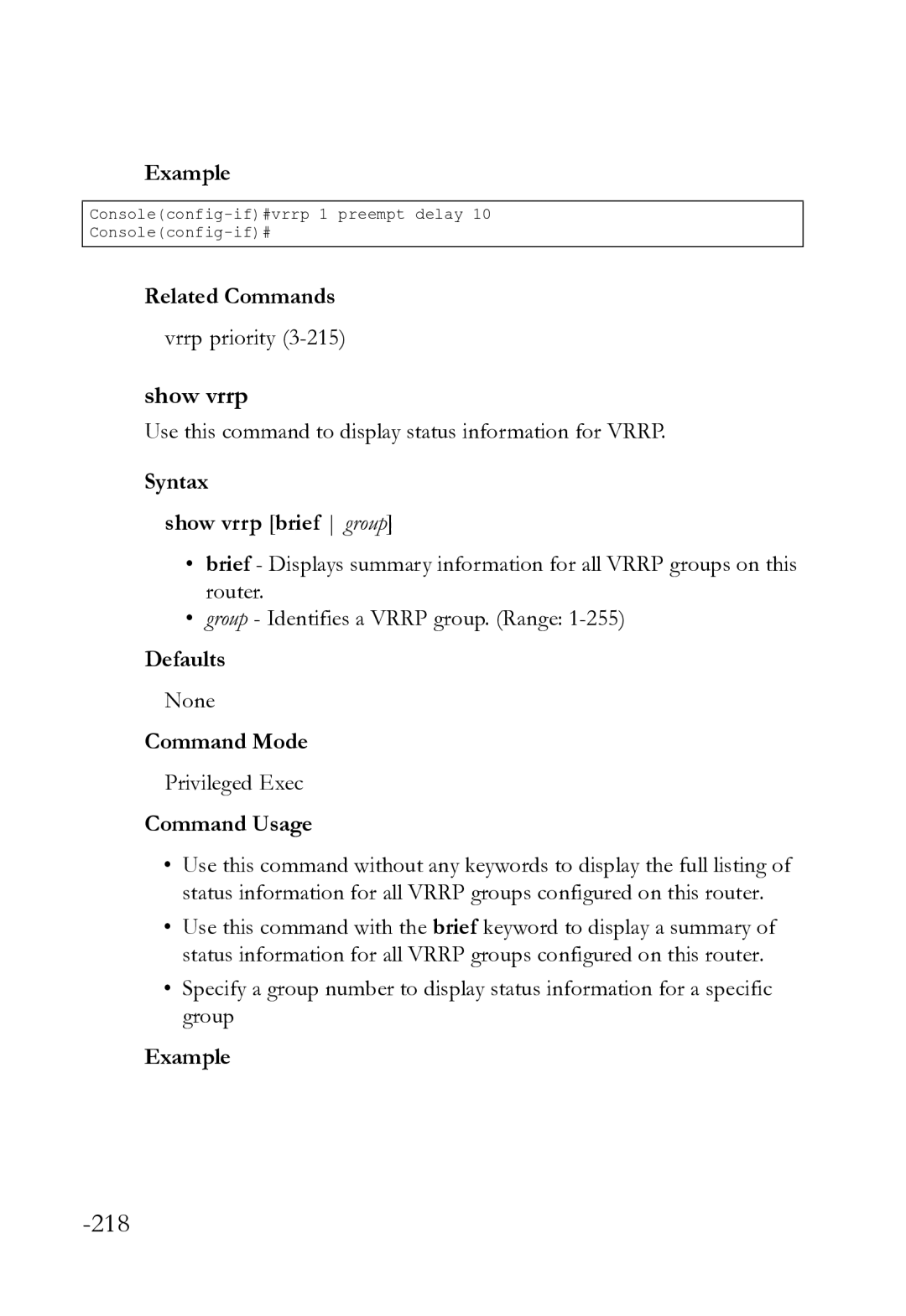 SMC Networks SMC8612XL3 F 1.0.1.3 manual Show vrrp, Use this command to display status information for Vrrp, Defaults 