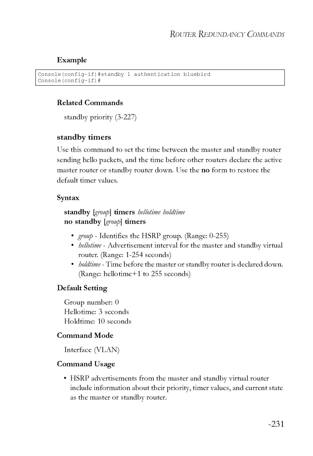 SMC Networks SMC8612XL3 F 1.0.1.3 manual Standby timers, Group number Hellotime 3 seconds Holdtime 10 seconds 