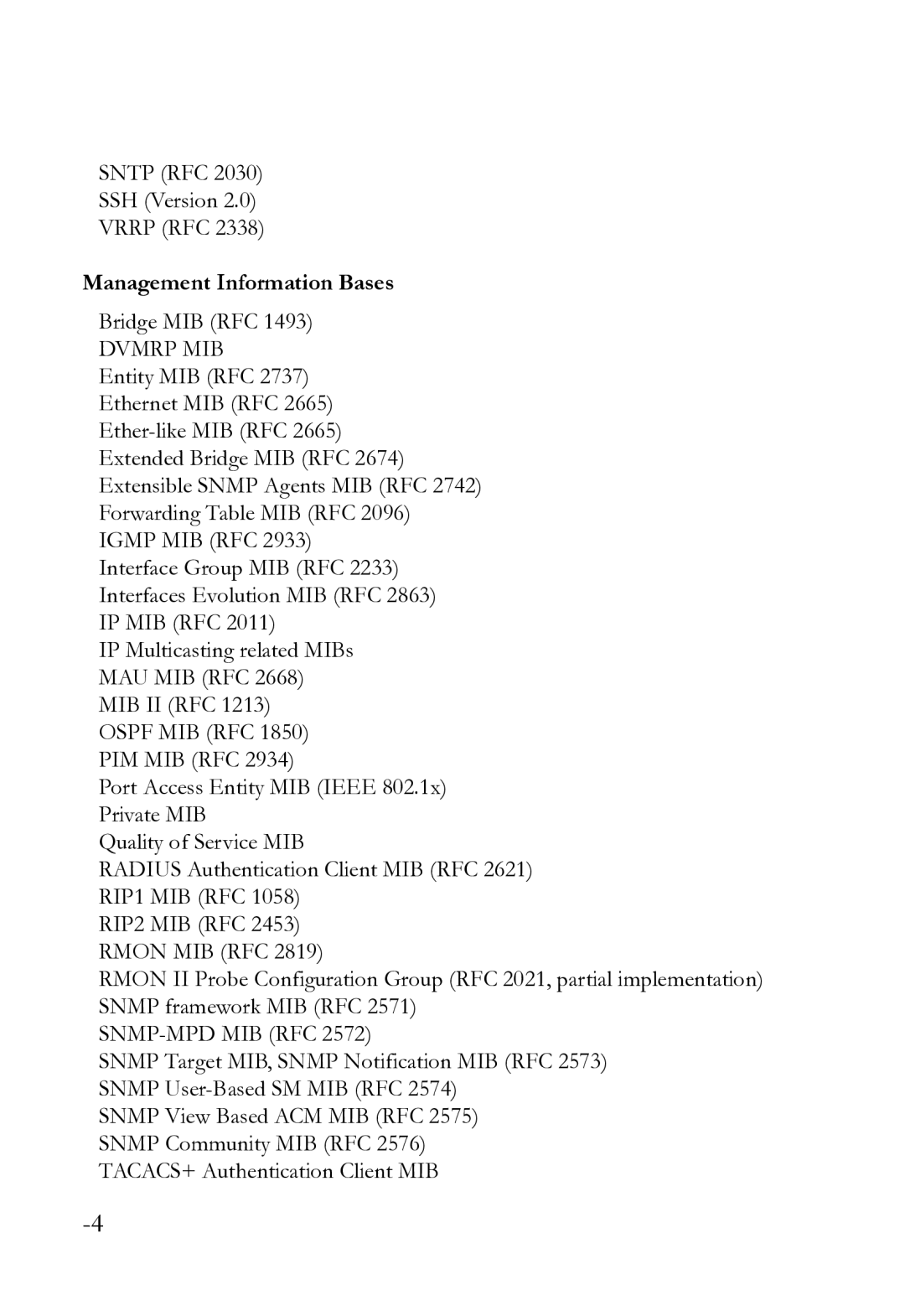 SMC Networks SMC8612XL3 F 1.0.1.3 manual Sntp RFC SSH Version Vrrp RFC, Management Information Bases, Bridge MIB RFC 