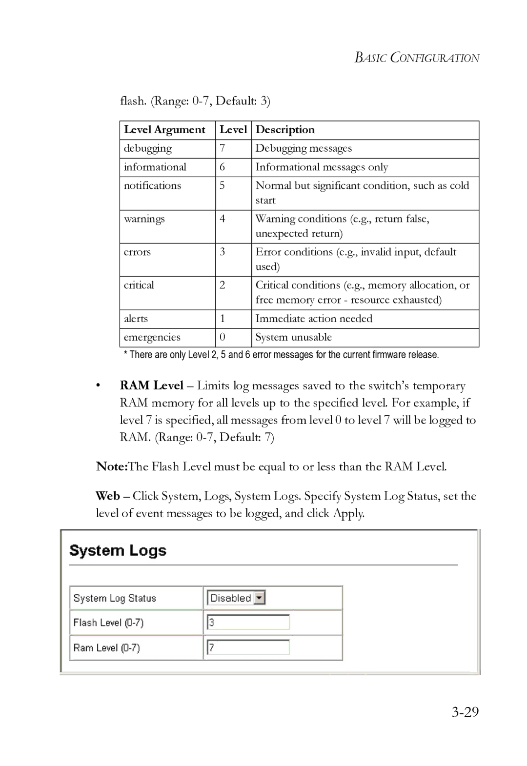 SMC Networks SMC8612XL3 F 1.0.1.3 manual Flash. Range 0-7, Default, Level Argument Description 