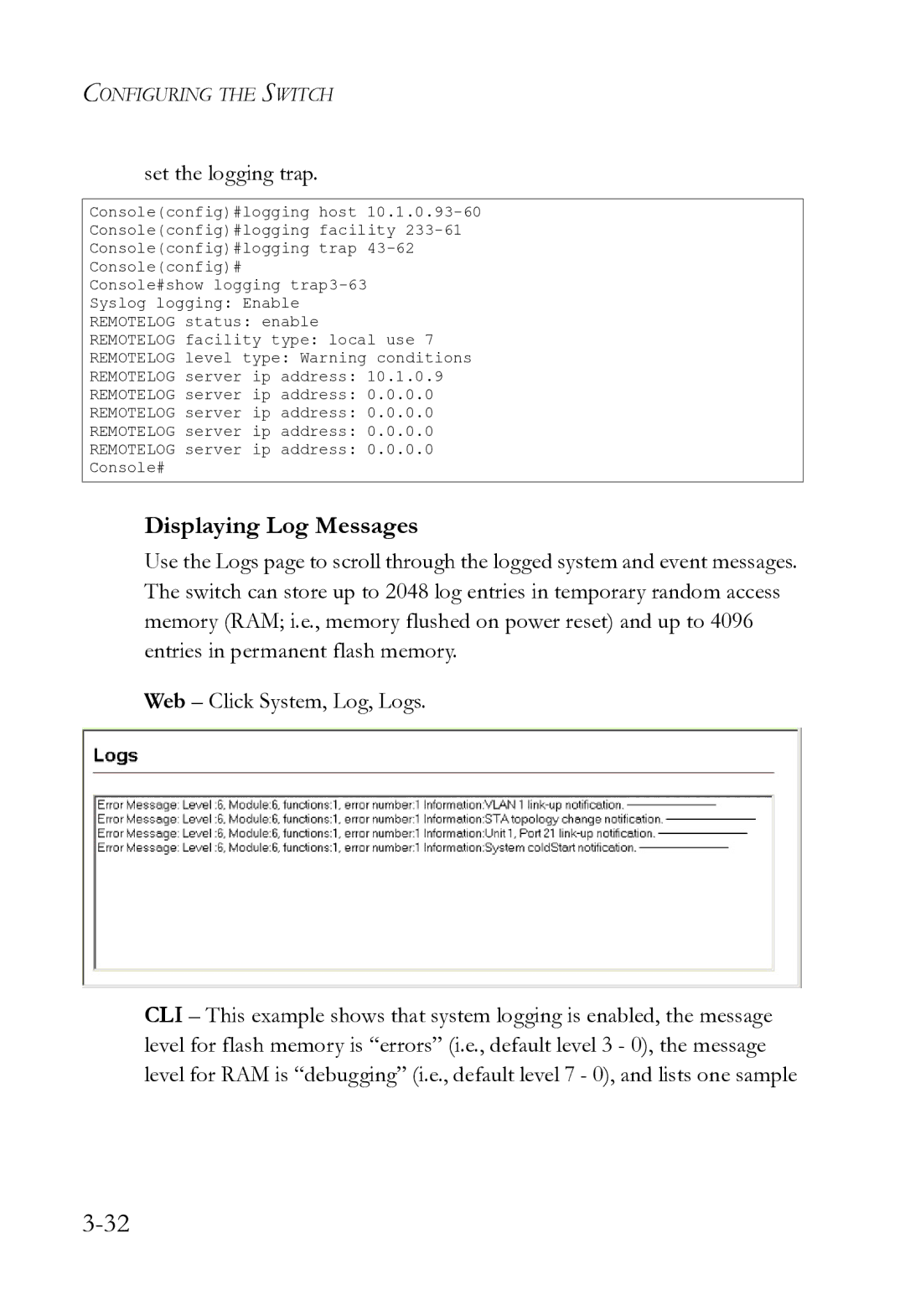 SMC Networks SMC8612XL3 F 1.0.1.3 manual Displaying Log Messages, Set the logging trap 