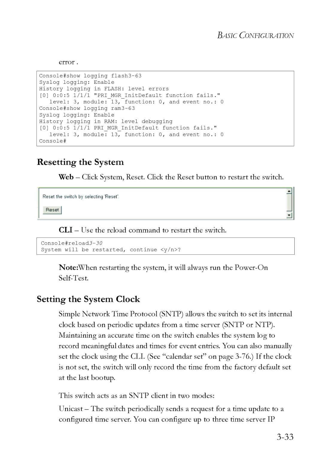 SMC Networks SMC8612XL3 F 1.0.1.3 manual Resetting the System, Setting the System Clock, Error 