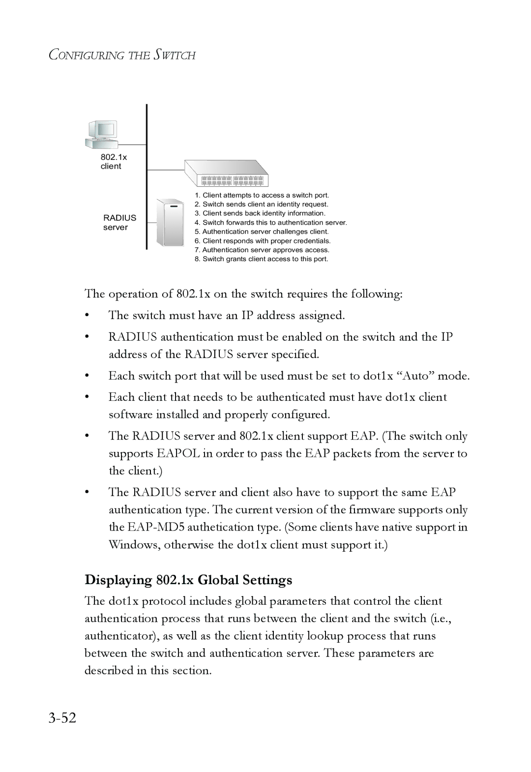 SMC Networks SMC8624/48T manual Displaying 802.1x Global Settings, 802.1x client Radius server 