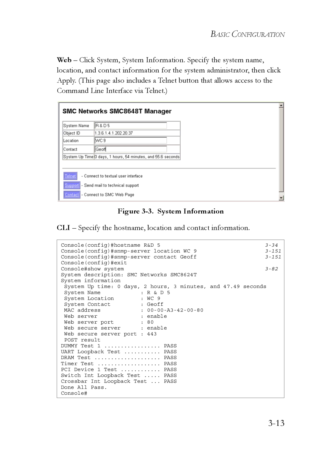 SMC Networks SMC8624/48T manual System Information, CLI Specify the hostname, location and contact information 