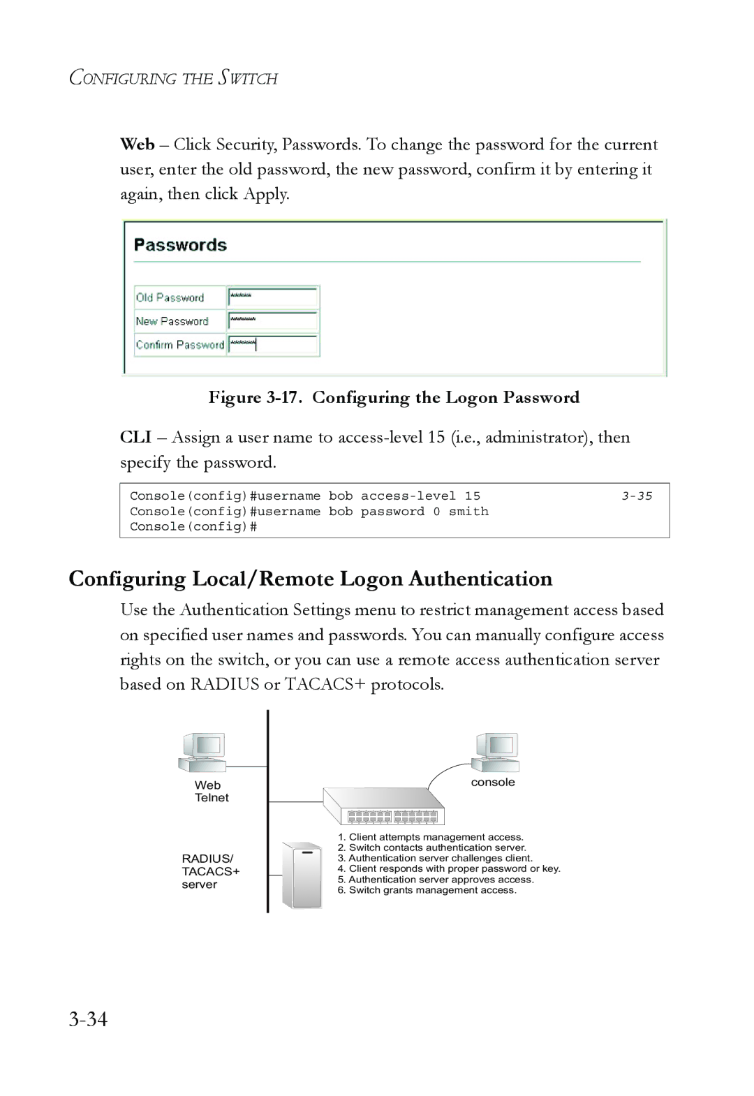 SMC Networks SMC8624/48T manual Configuring Local/Remote Logon Authentication, Configuring the Logon Password 