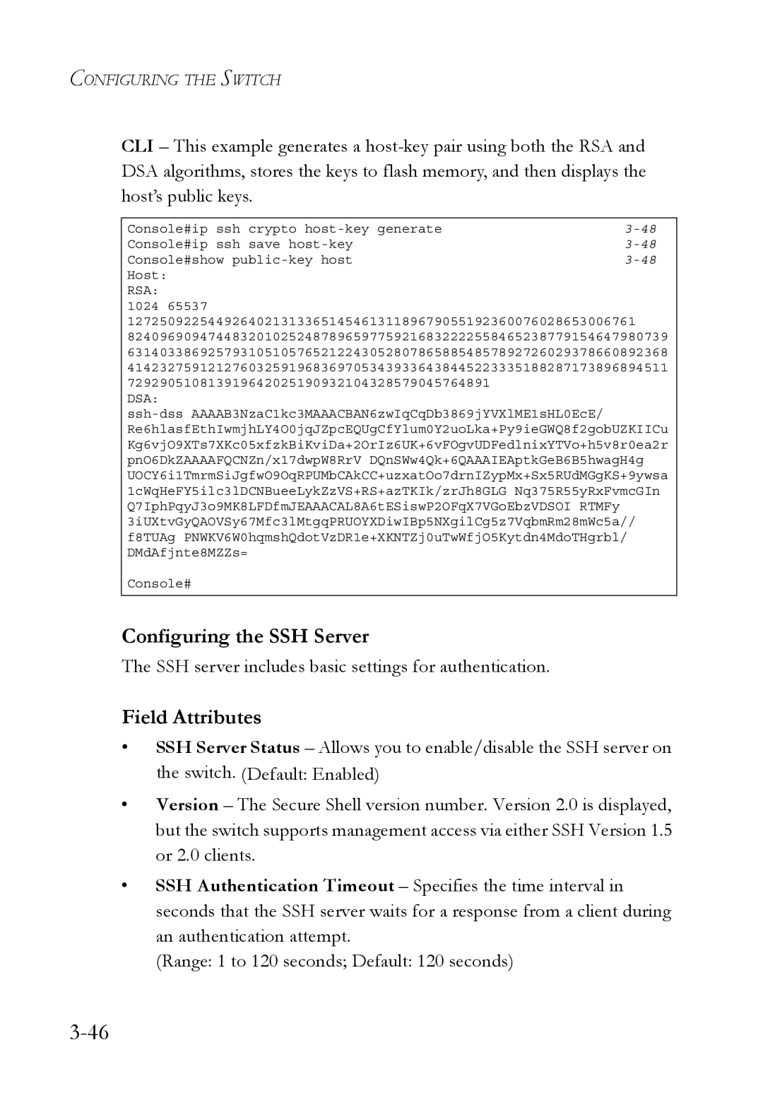 SMC Networks SMC8624/48T manual Configuring the SSH Server, SSH server includes basic settings for authentication 