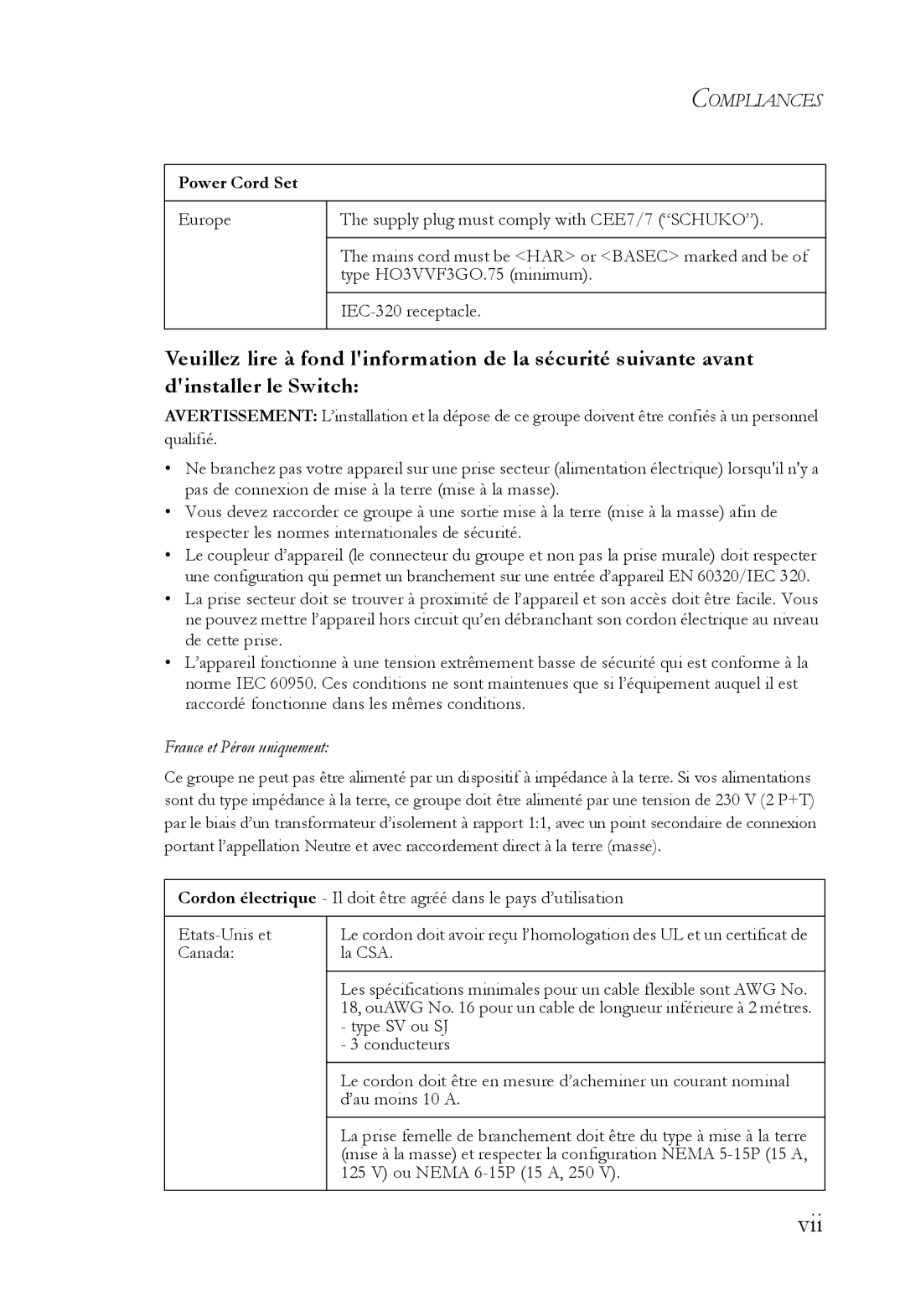 SMC Networks SMC8624T manual Vii, France et Pérou uniquement 