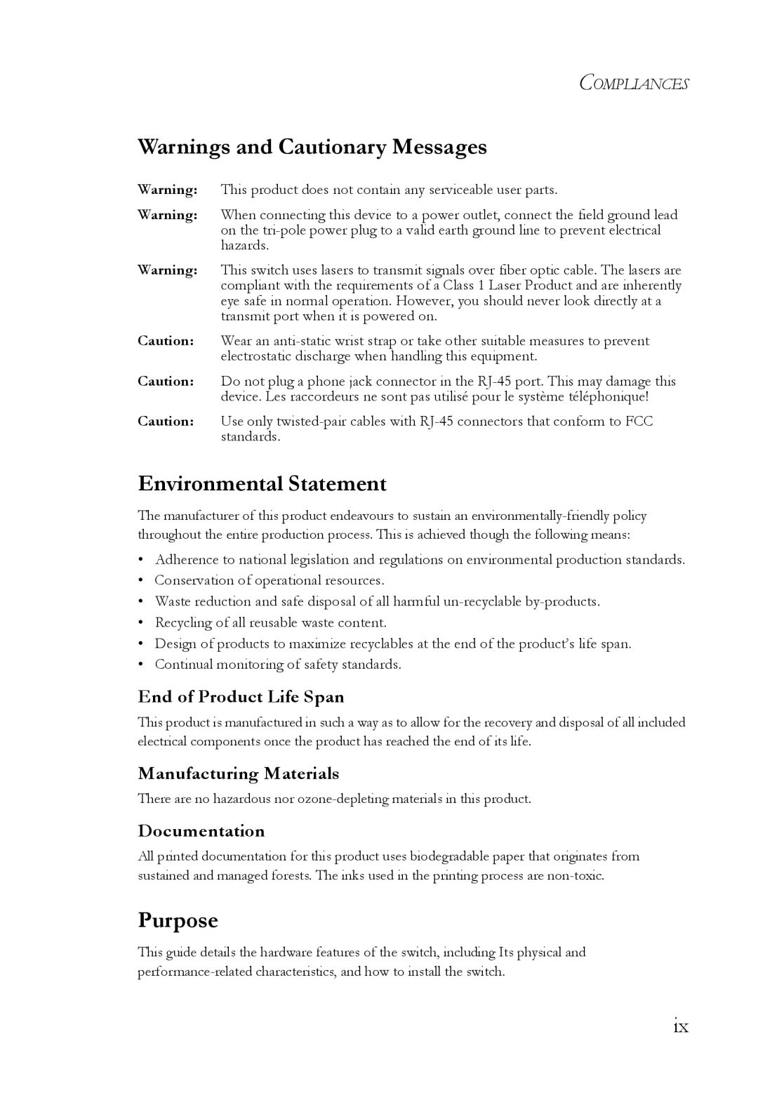 SMC Networks SMC8624T Environmental Statement, Purpose, End of Product Life Span, Manufacturing Materials, Documentation 