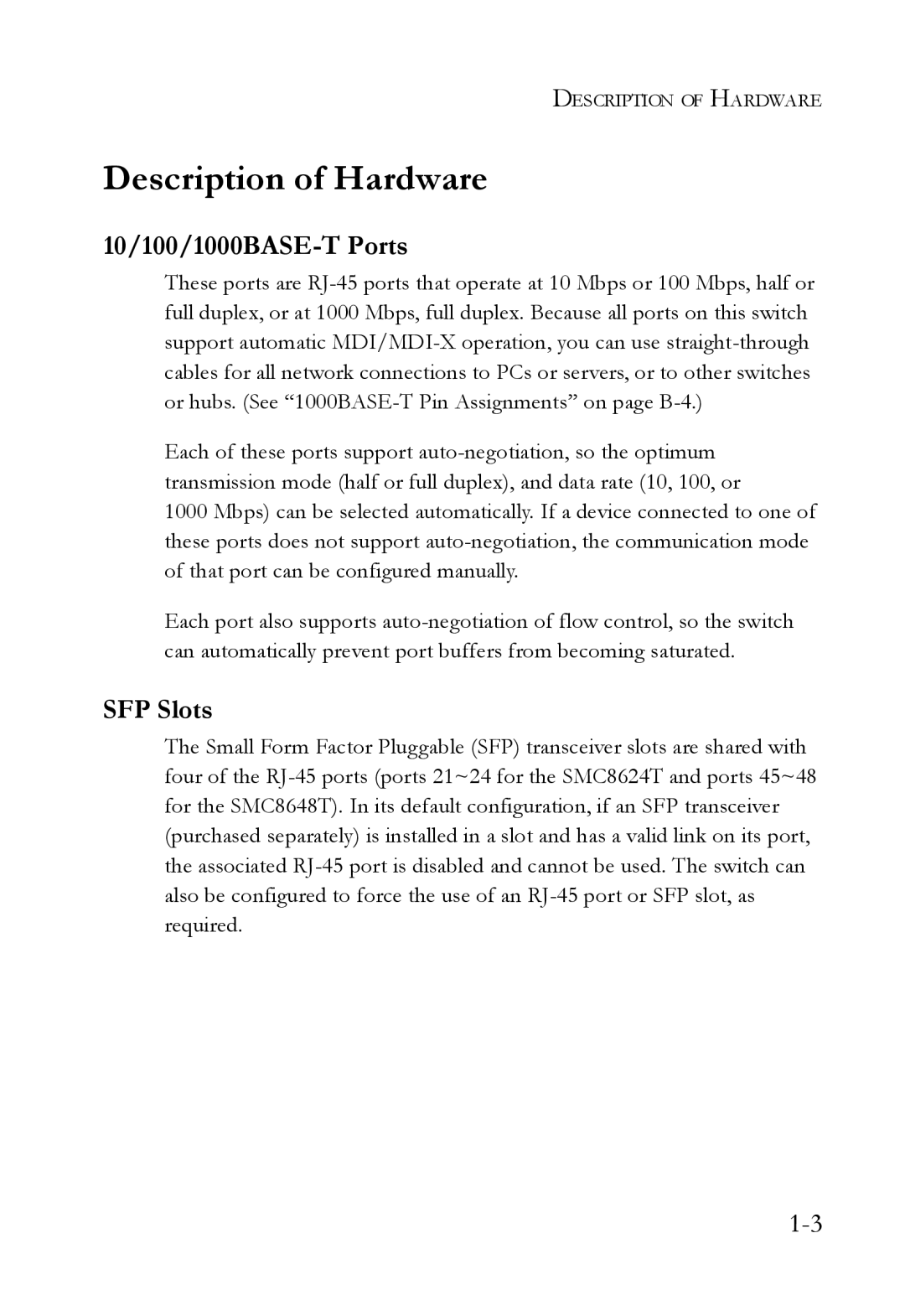 SMC Networks SMC8624T manual Description of Hardware, 10/100/1000BASE-T Ports, SFP Slots 