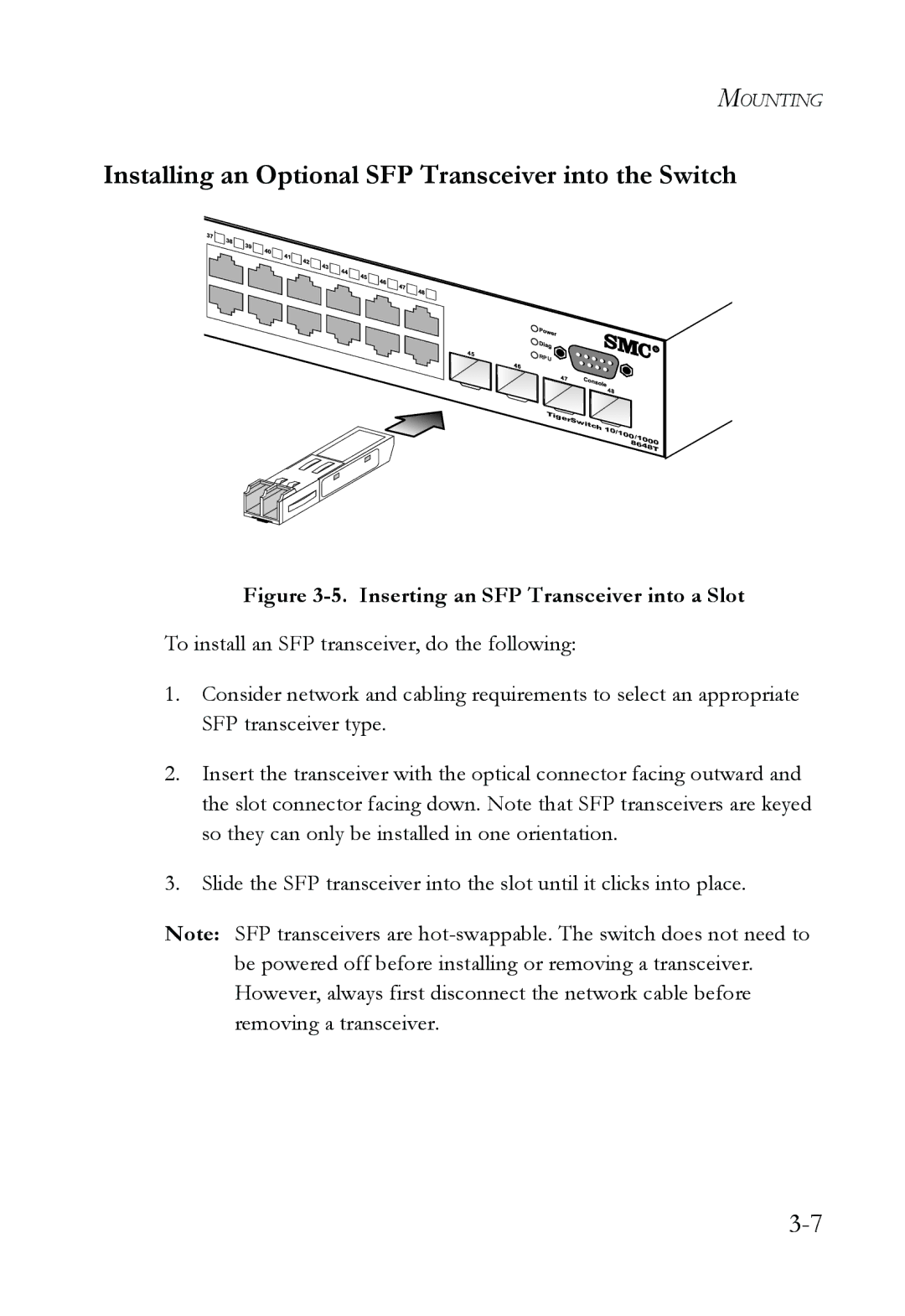 SMC Networks SMC8624T Installing an Optional SFP Transceiver into the Switch, Inserting an SFP Transceiver into a Slot 