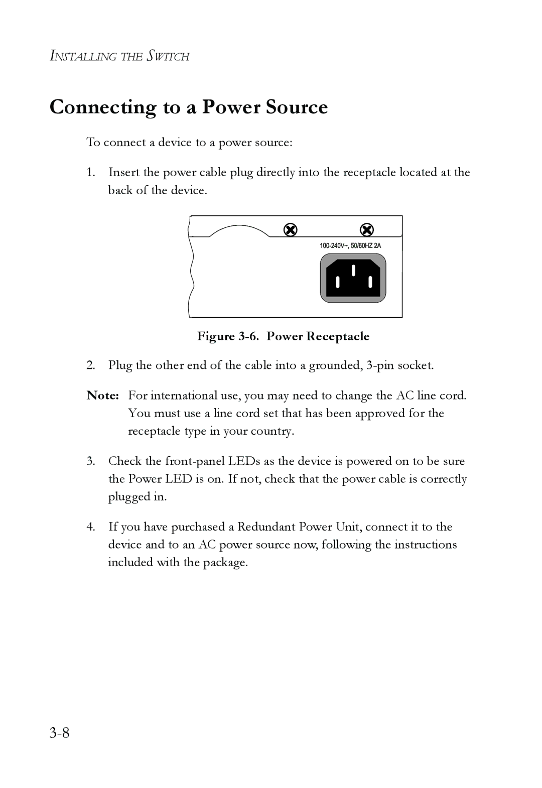 SMC Networks SMC8624T manual Connecting to a Power Source, Power Receptacle 