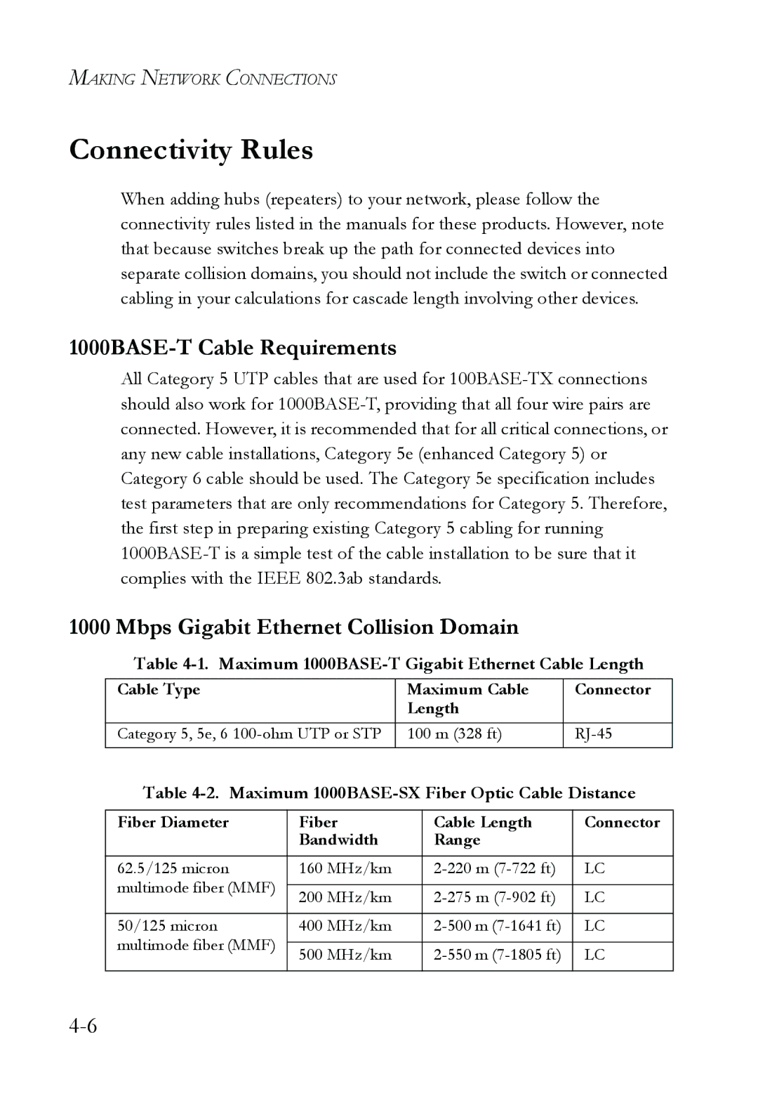 SMC Networks SMC8624T manual Connectivity Rules, 1000BASE-T Cable Requirements, Mbps Gigabit Ethernet Collision Domain 