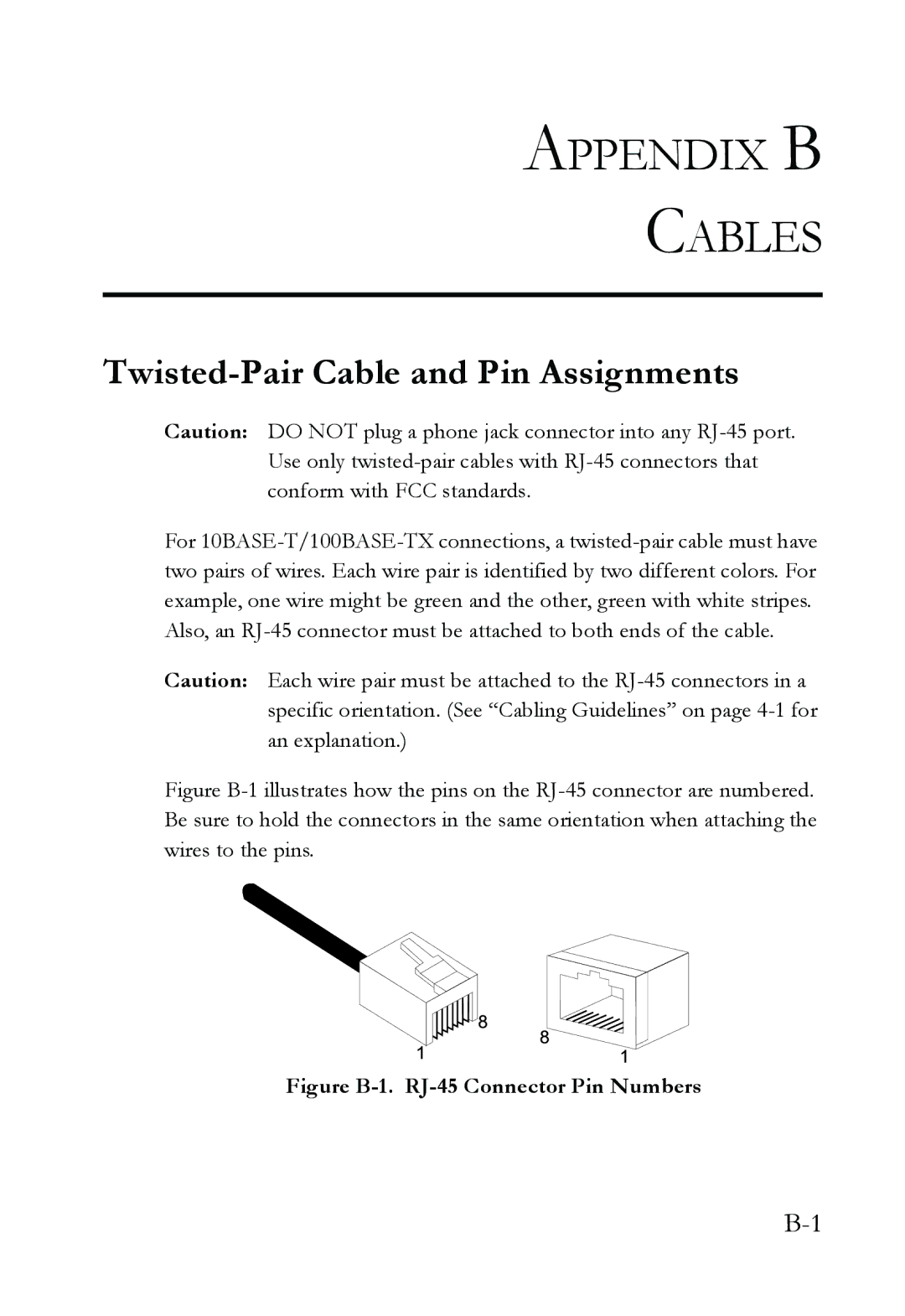 SMC Networks SMC8624T manual Appendix B Cables, Twisted-Pair Cable and Pin Assignments 