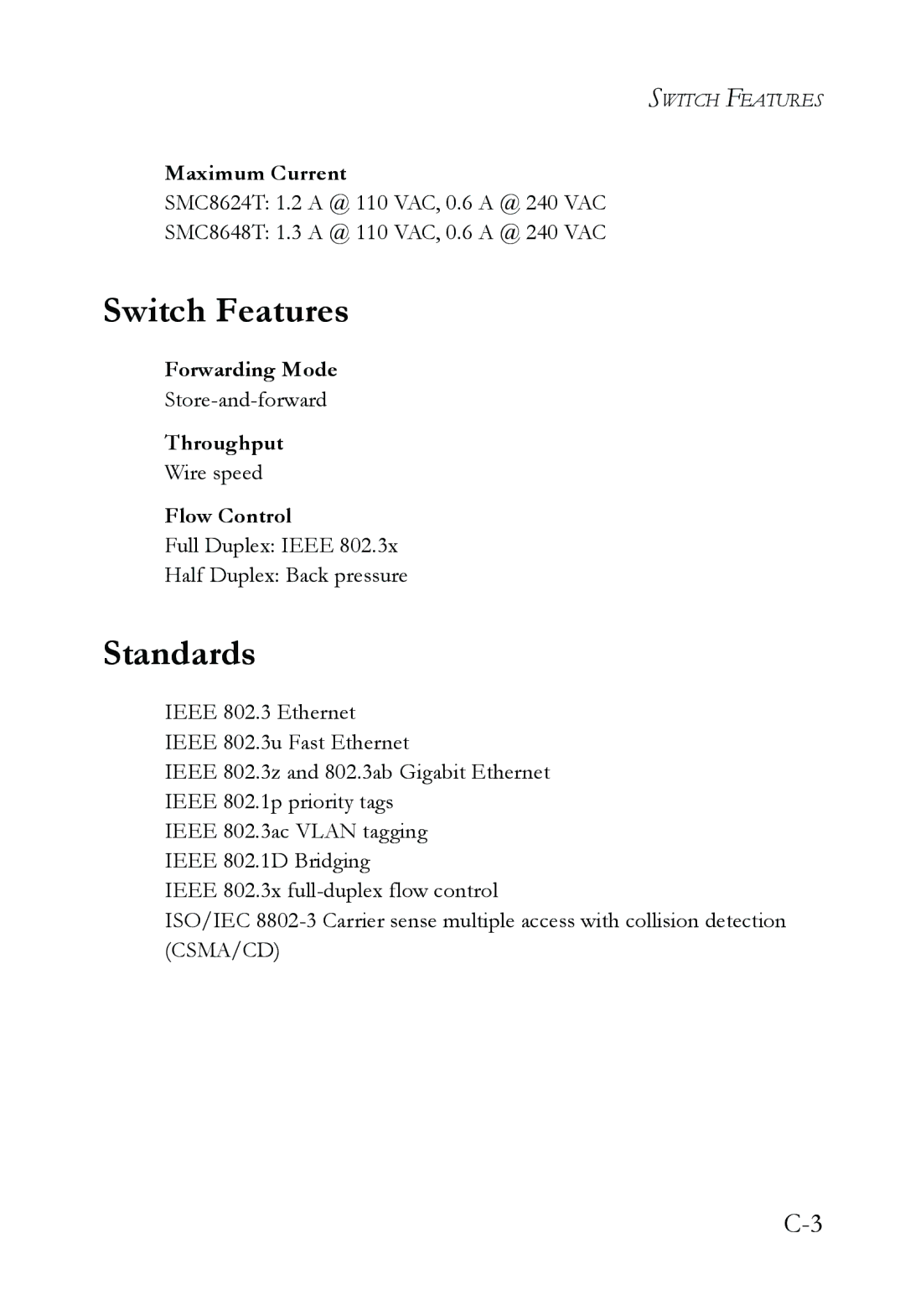 SMC Networks SMC8624T manual Switch Features, Standards 